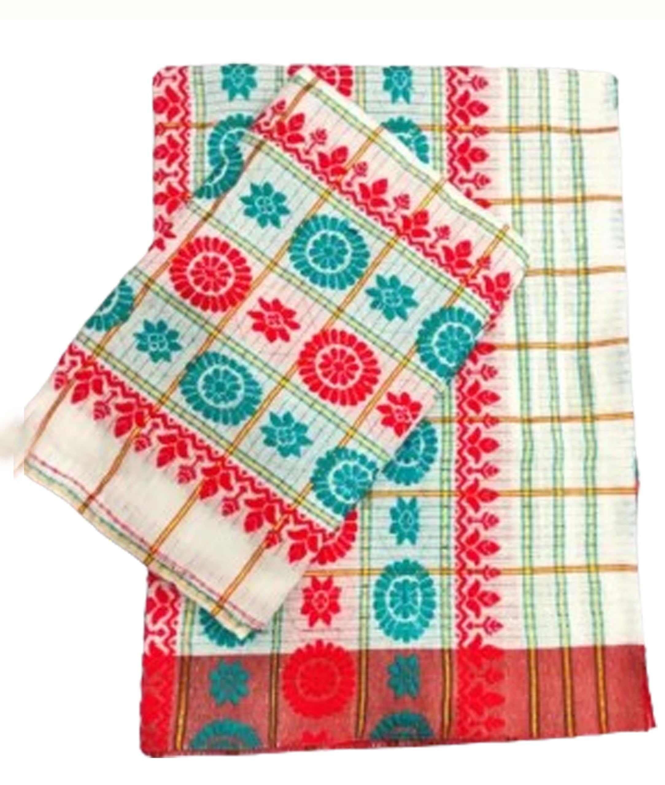 Women`s Assamese Mekhela Cotton Sador Pure Fabric Soft Traditional Design- White Red Green