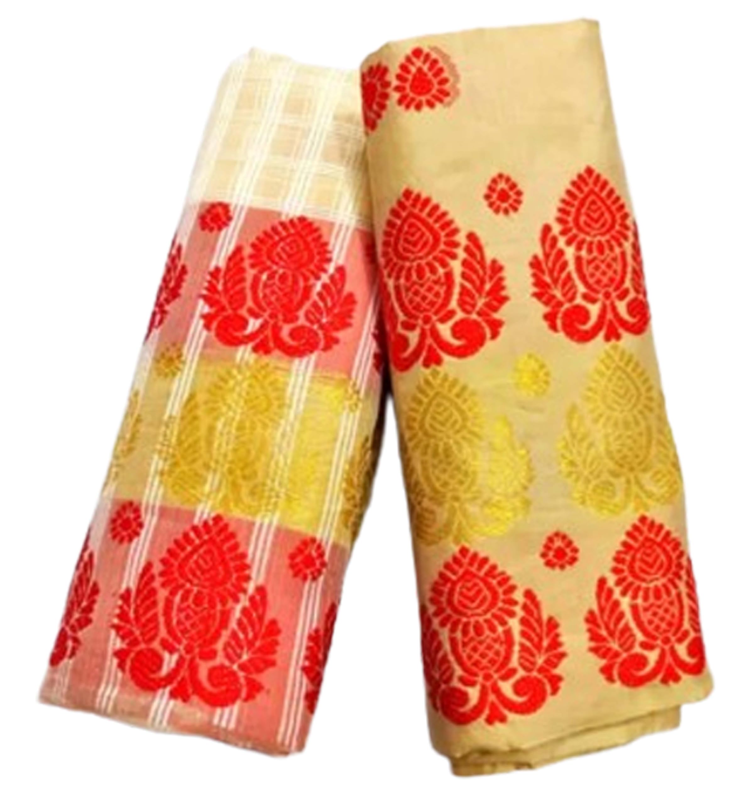 Women`s Assamese Mekhela Sador Traditional Design- Cream Gold Red