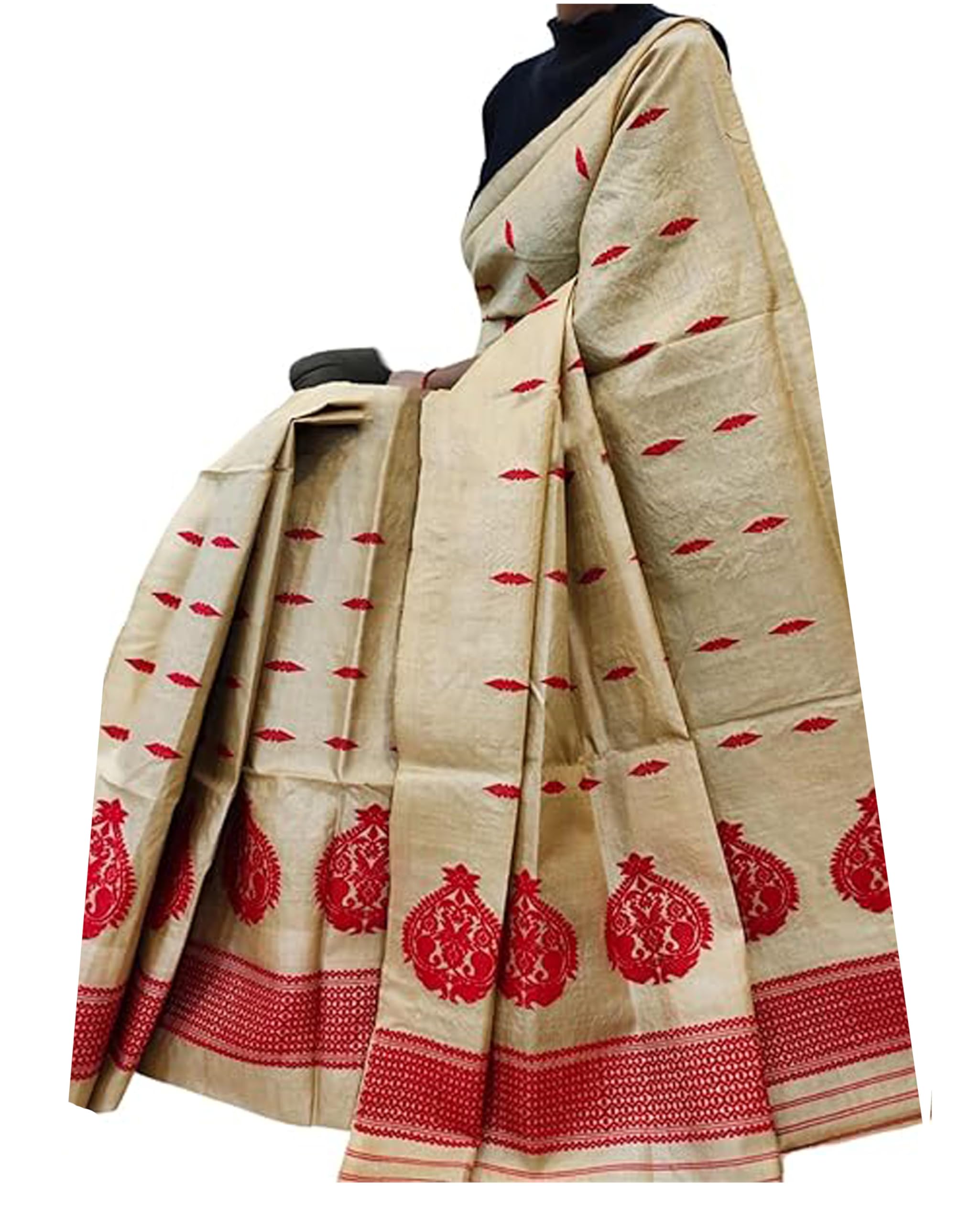 Women`S Assamese Mekhela Sador Chador Pat Traditional Design- Off White Red Buti Design