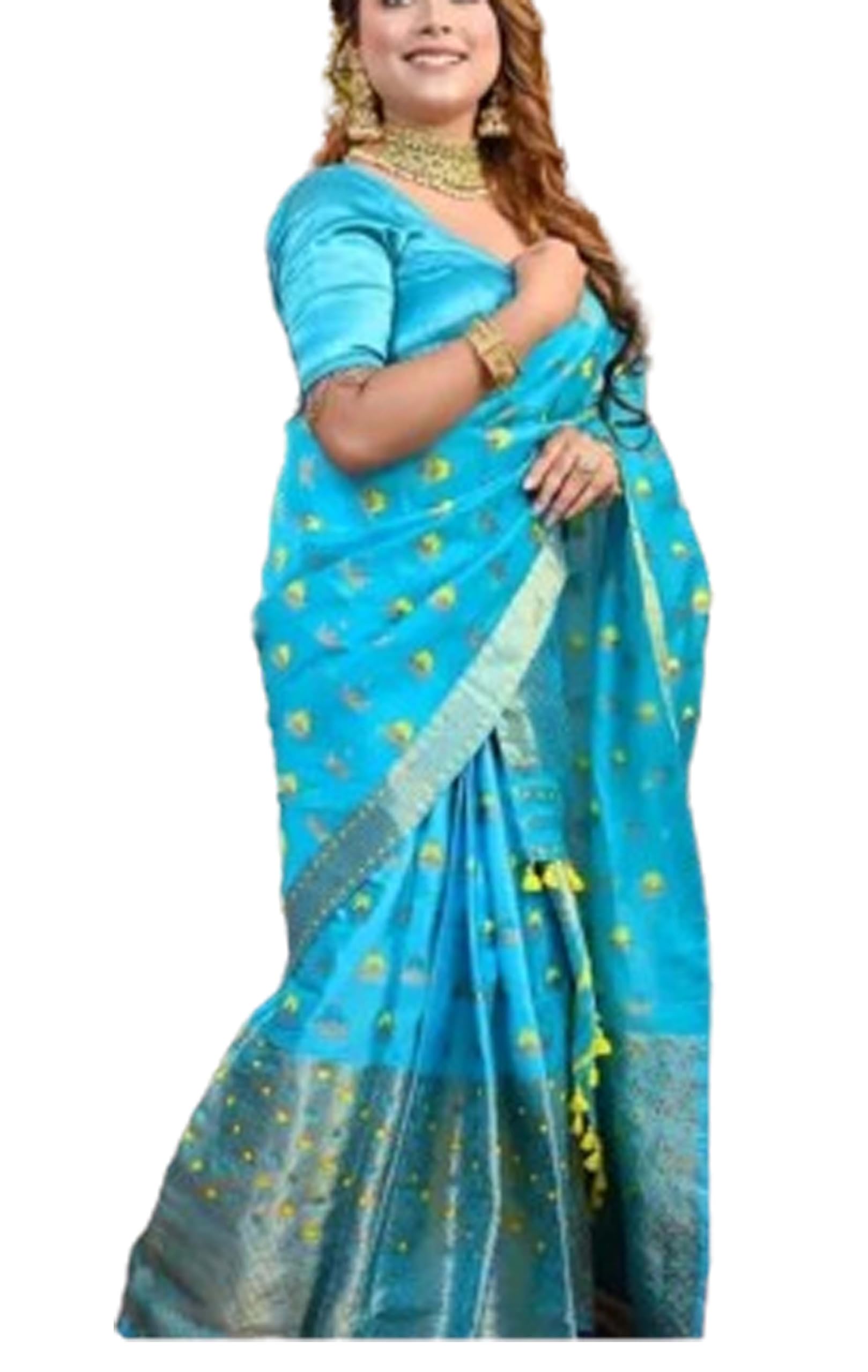 Women`s Bridal Assamese Mekhela Sador Traditional Design- Sky blye ellow buti