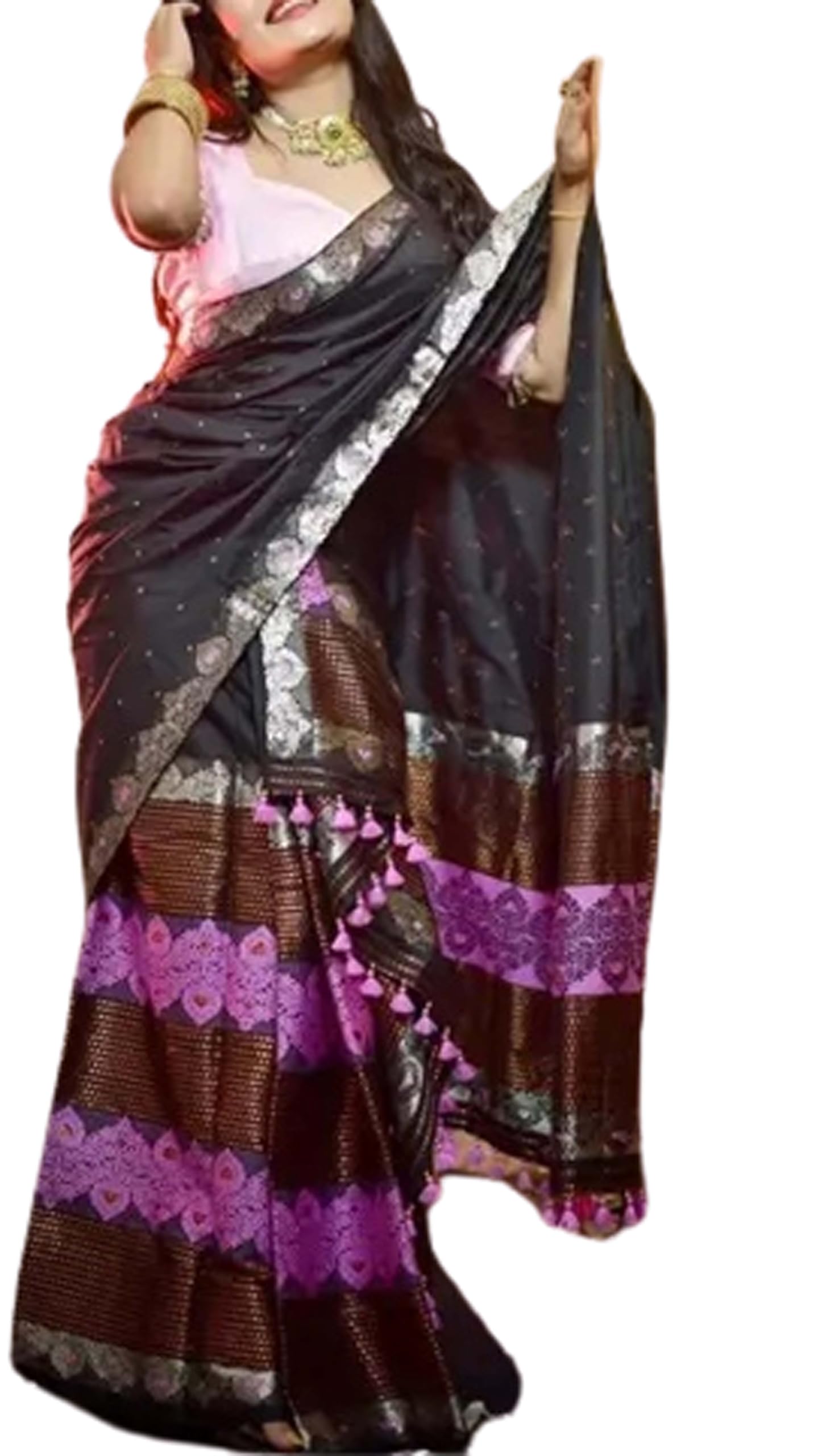 Women`s Assamese Assamese Mekhela Sador Fabric of Soft Silk Traditional Design- Purple Black