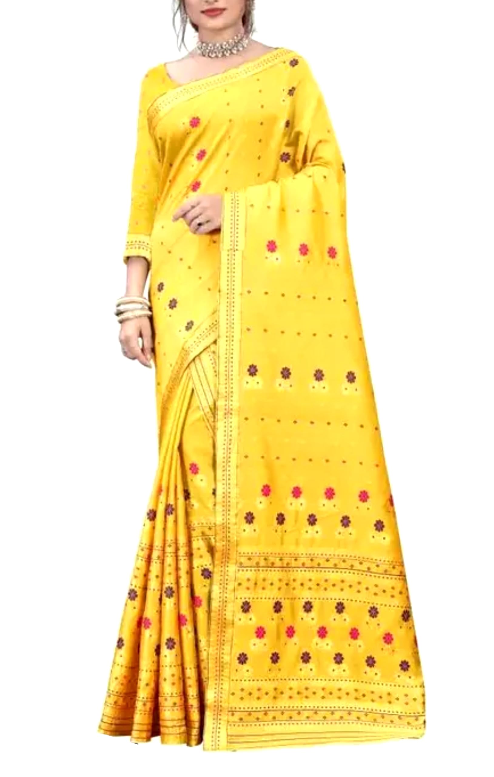 Women`s Assamese Mekhela Sador Chador Pat Traditional Design- Yellow Red Buti