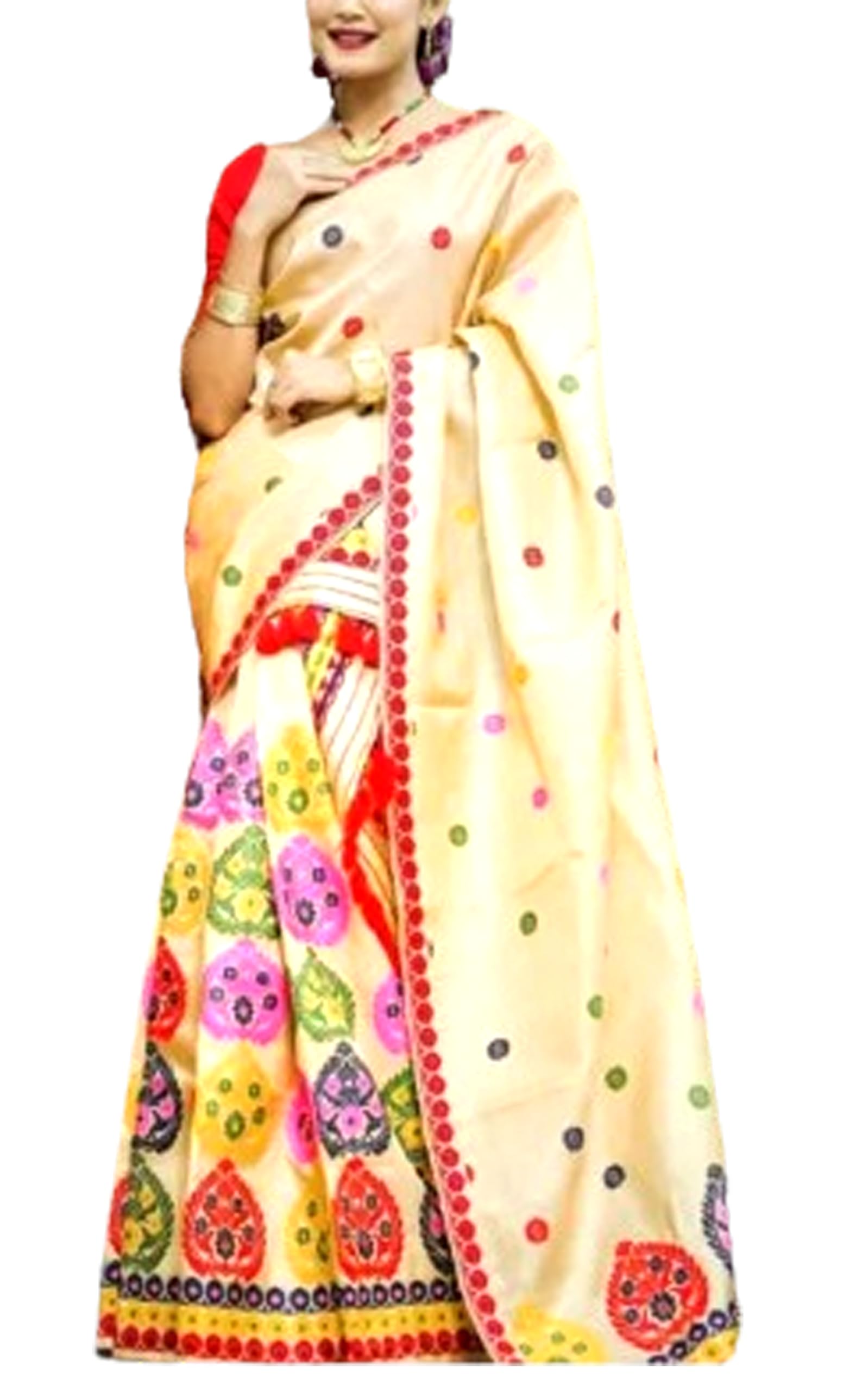 Women`s Assamese Mekhela Sador Traditional Design- Red Dragon