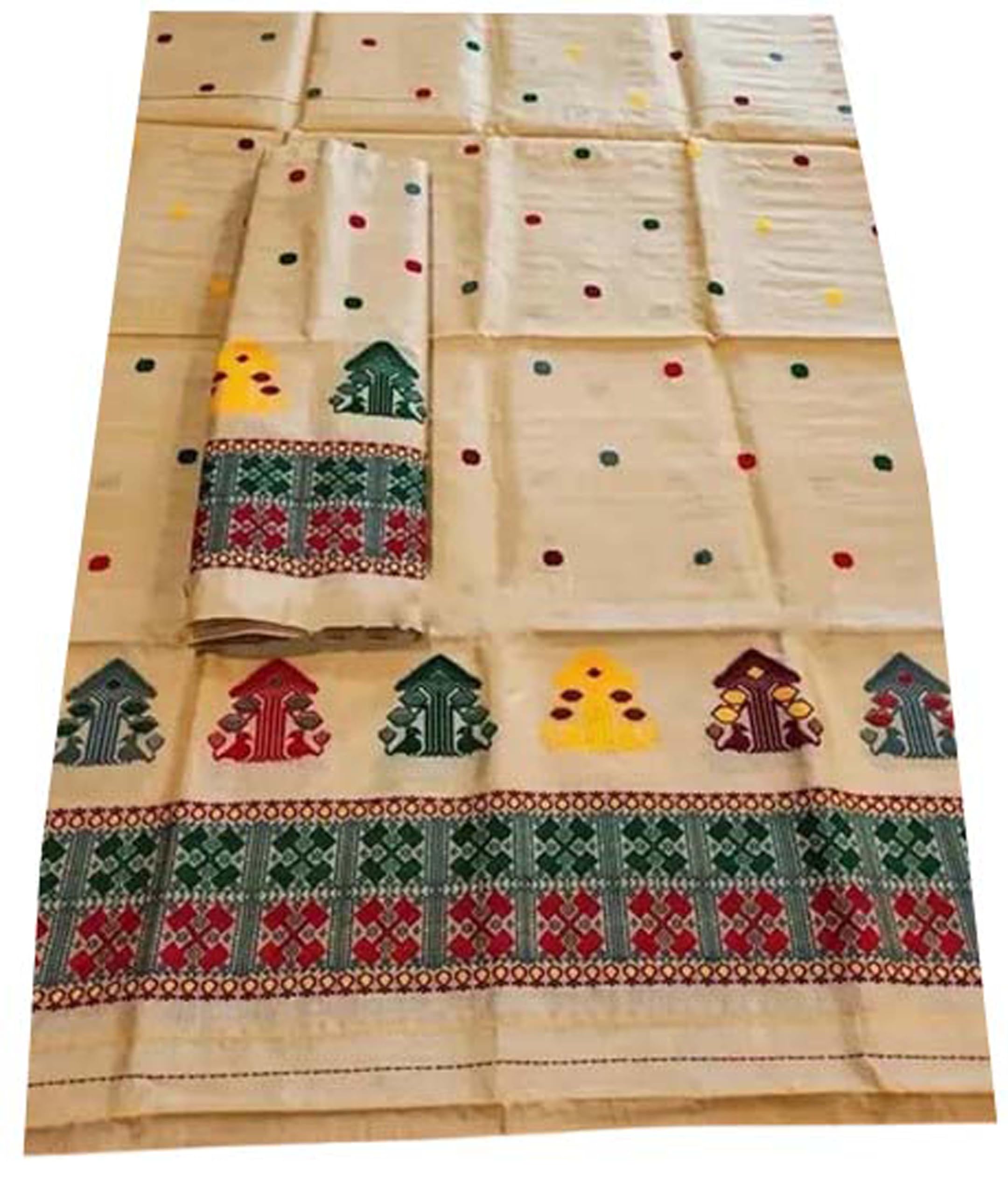 Women`S Assamese Mekhela Sador Traditional Design- Red Green Buti