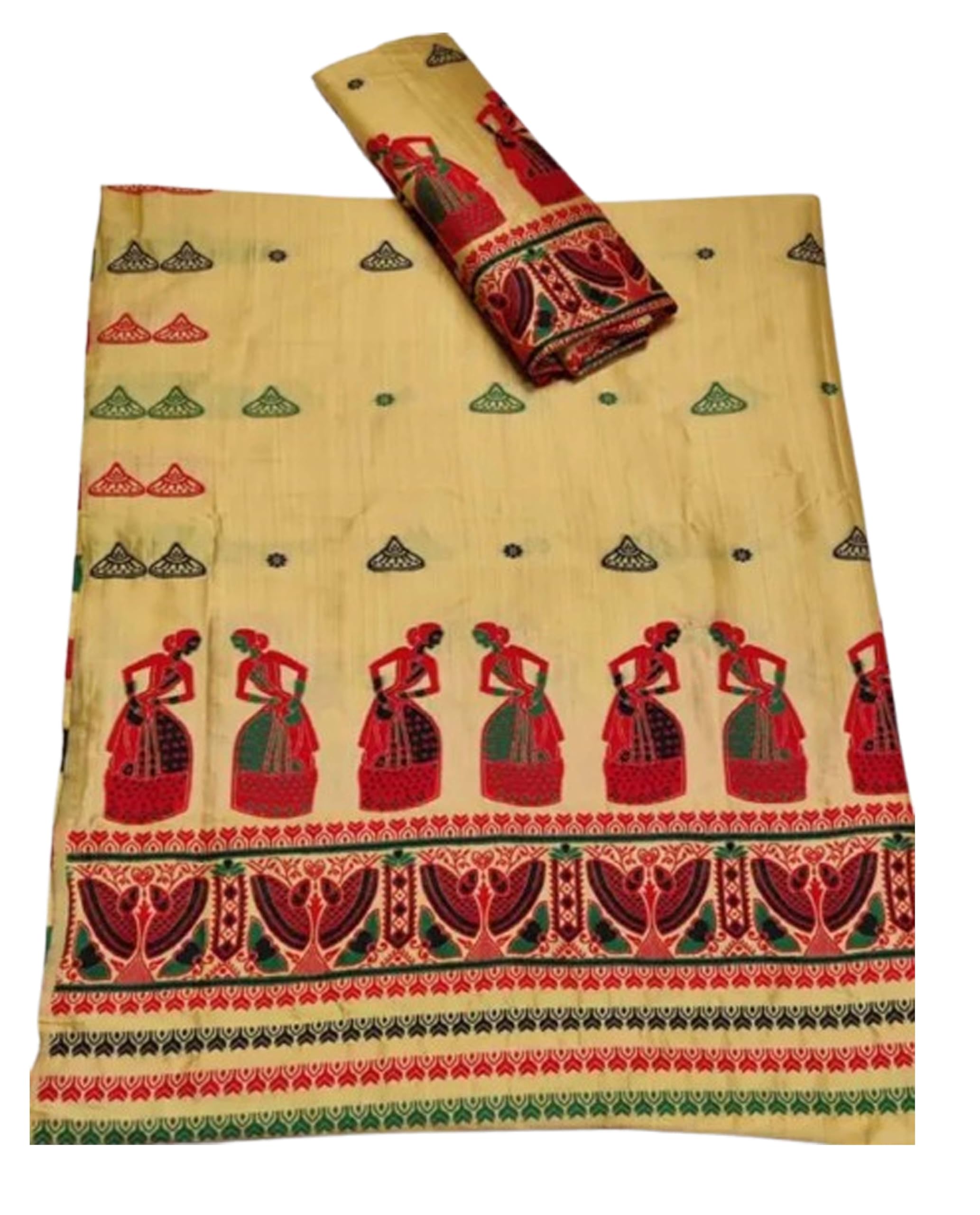 Women`s Assamese Mekhela Sador Chador Pat Traditional Design- Cream Dance