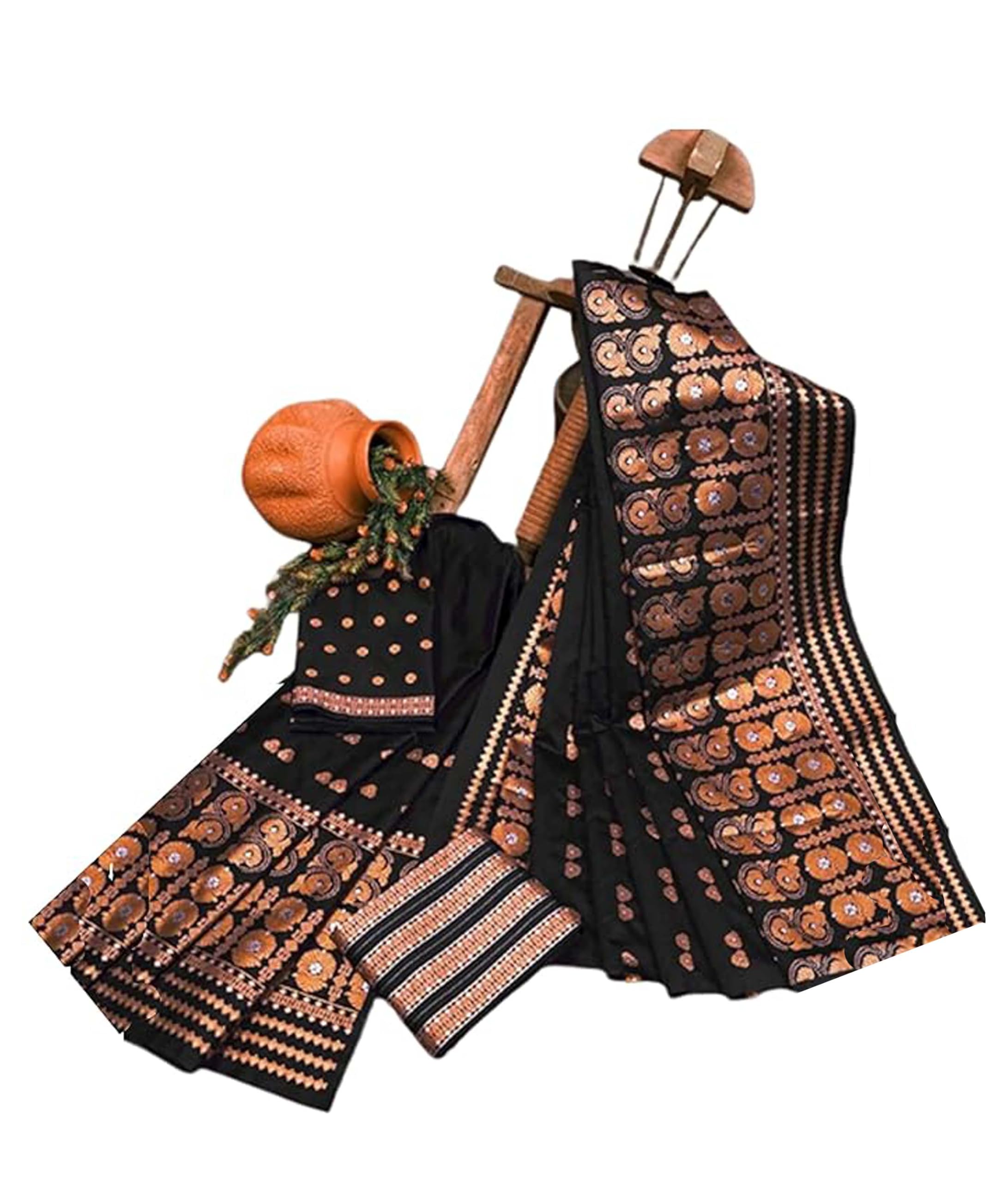 Women`s Bridal Assamese Mekhela Sador Jura Santal Panchi Lungi Parhar Pure Fabric of Soft Silk Traditional Design- Black
