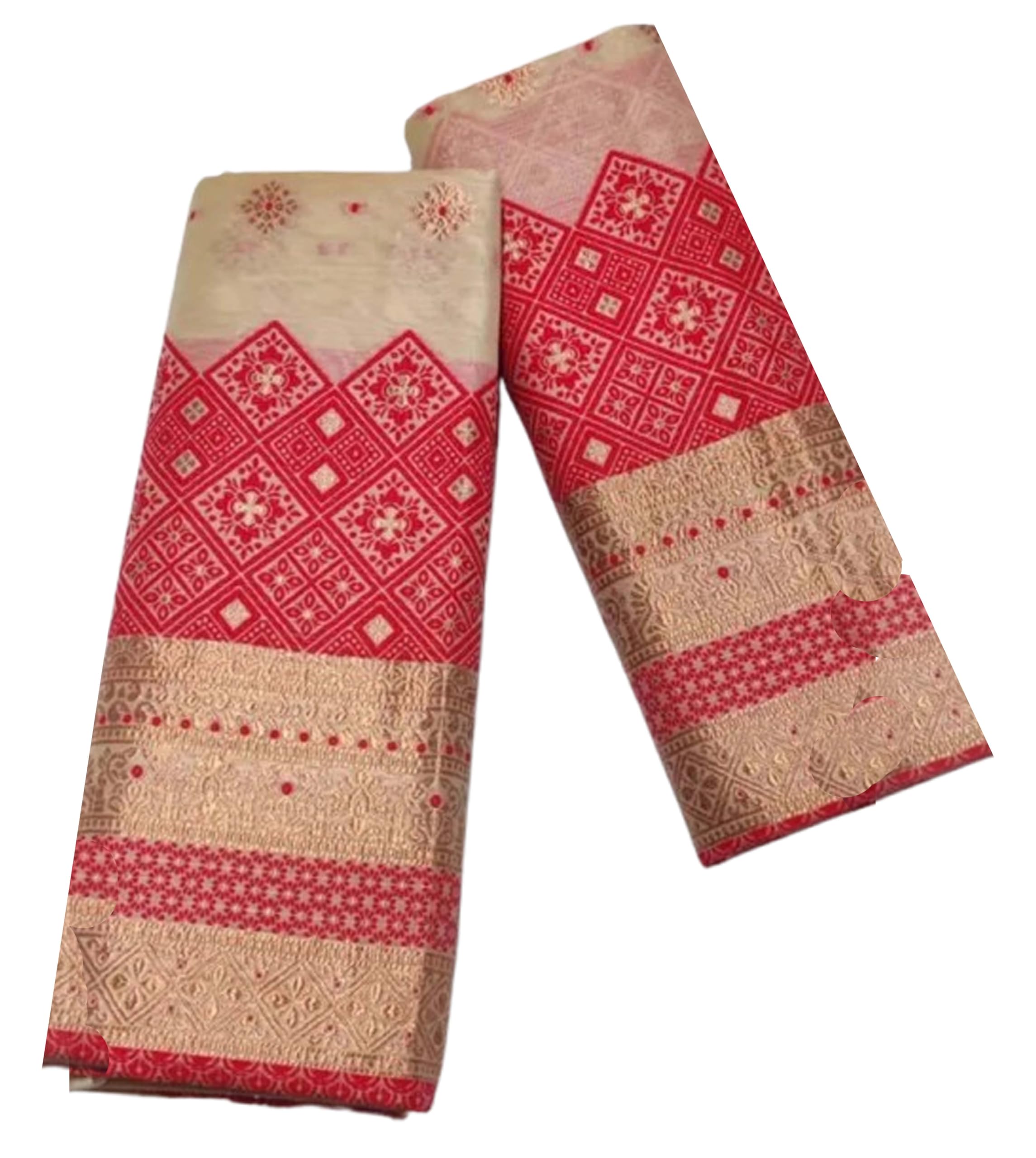 Women`s Assamese Mekhela Sador Traditional Design- Cream Red