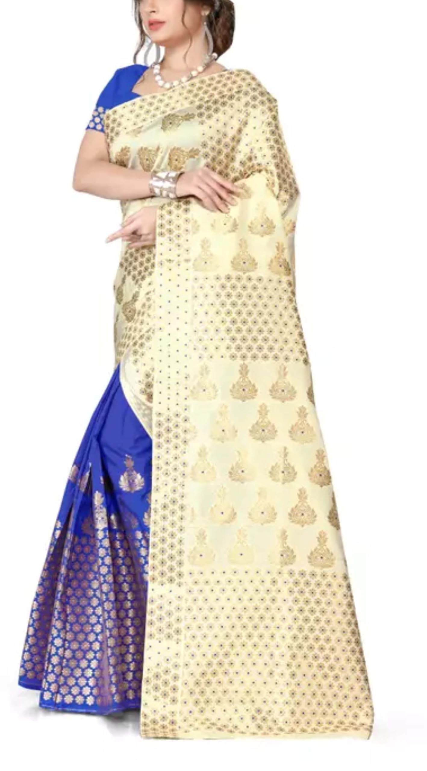 Women`s Assamese Mekhela Sador Fabric of Soft Silk Traditional Design- Off White Blue
