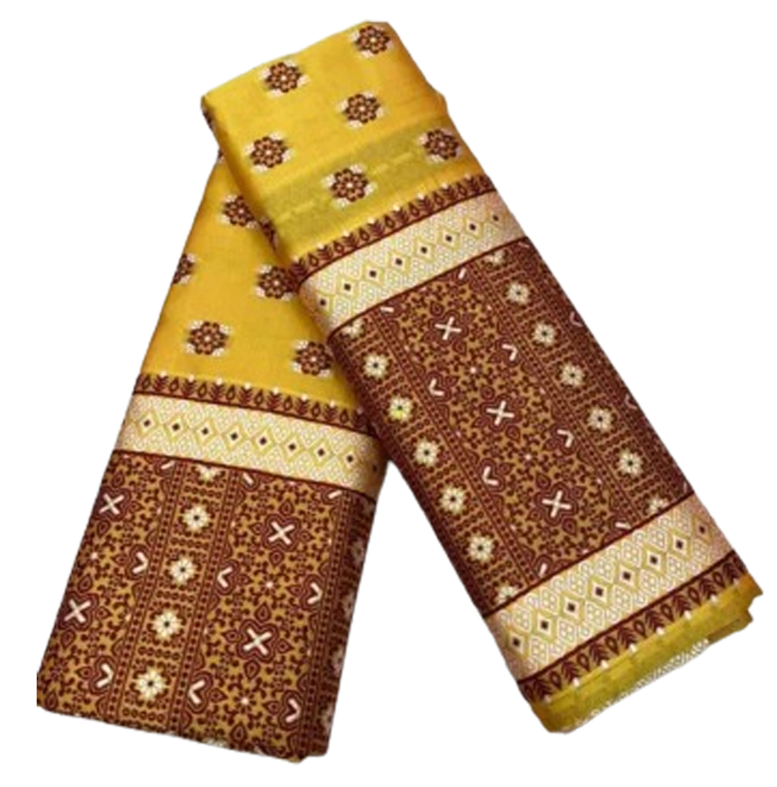 Women`s Bridal Assamese Mekhela Traditional Design- Yellow Brown