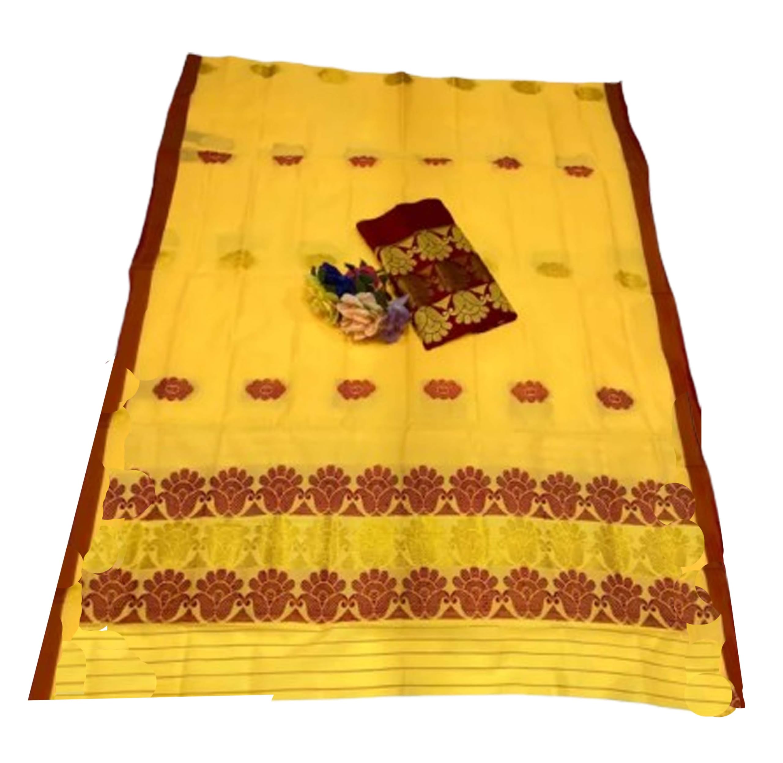 Women`s Assamese Mekhela Sador Fabric of Soft Silk Traditional Design- Yellow