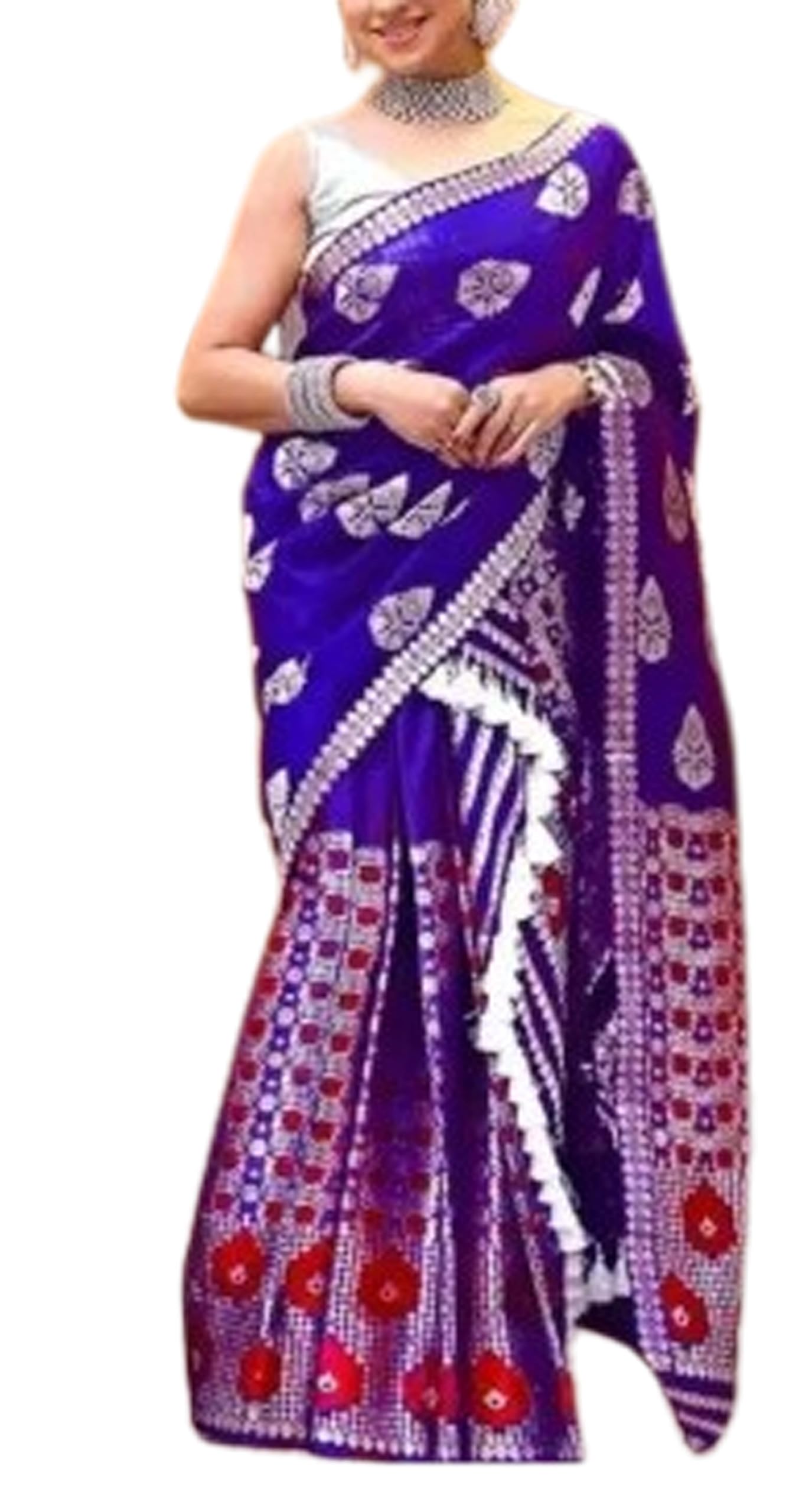 Women`s Assamese Mekhela Sador Traditional Design- Blue Red