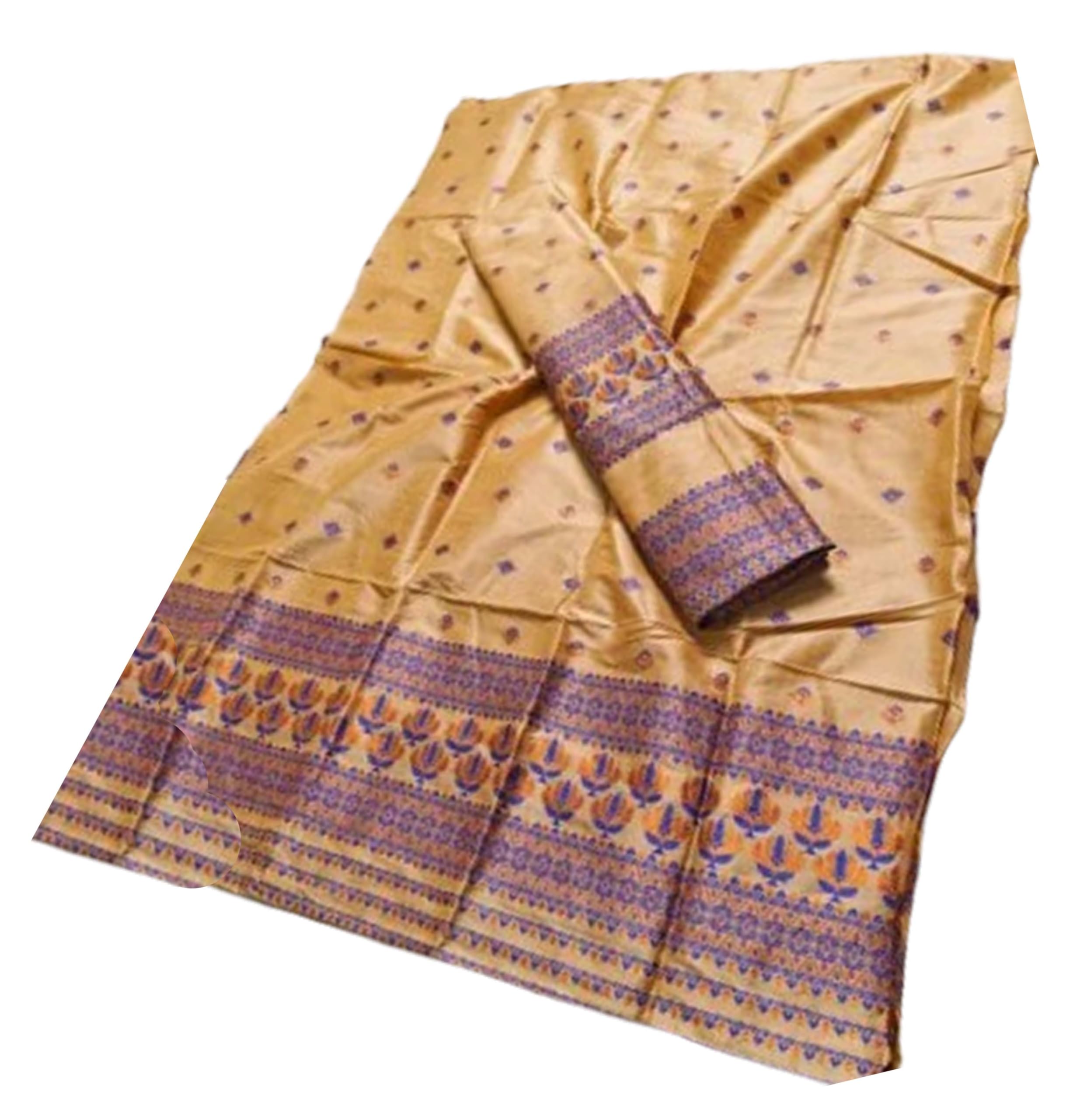 Women`s Assamese Mekhela Sador Traditional Design-Cream Purple