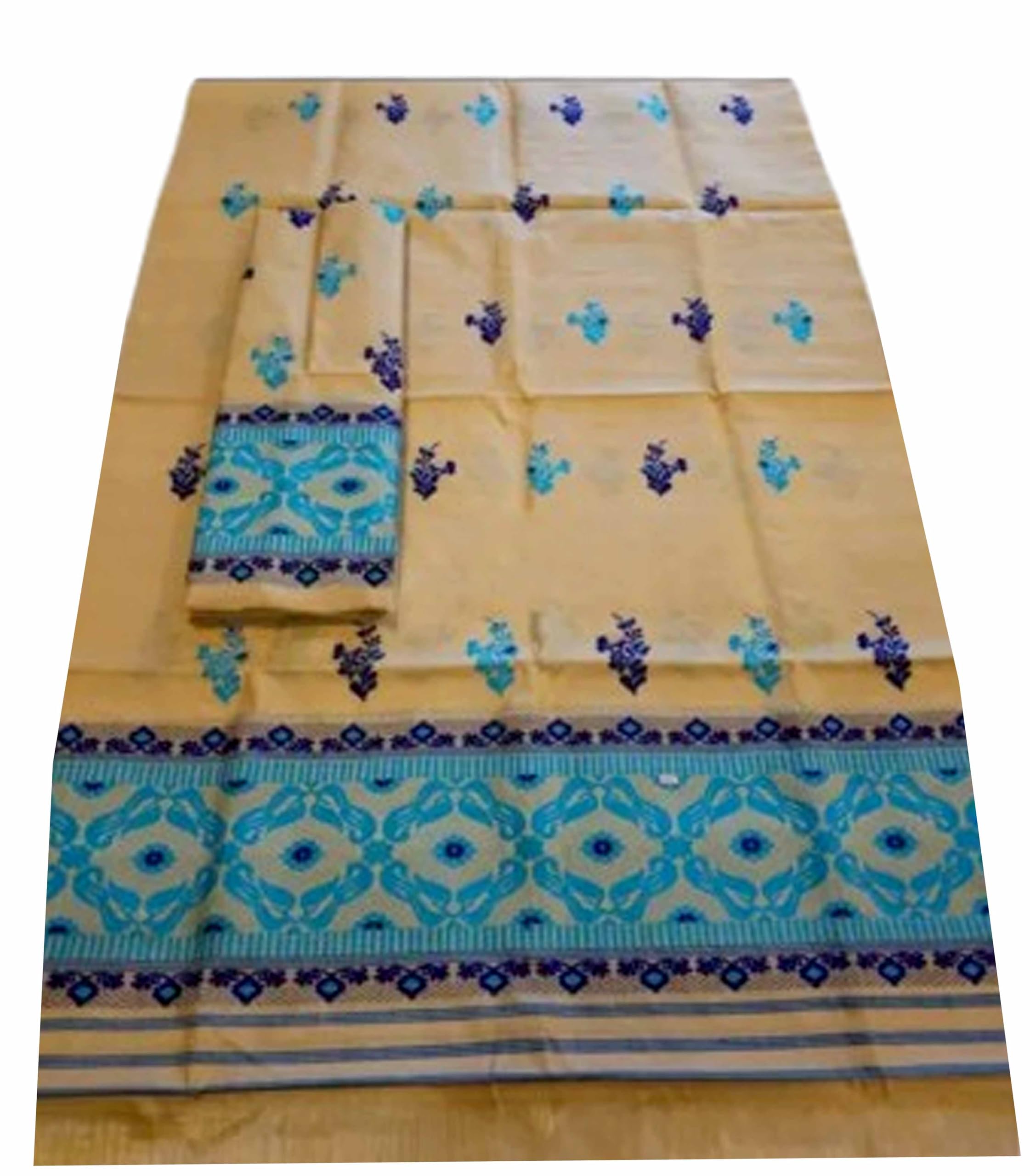 Women`s Assamese Mekhela Sador Soft Silk Traditional Design- Cream Blue