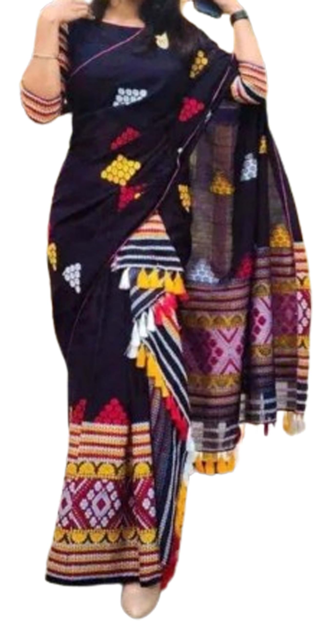 Women`s Assamese Mekhela Sador Chador Pat Traditional Design- Black