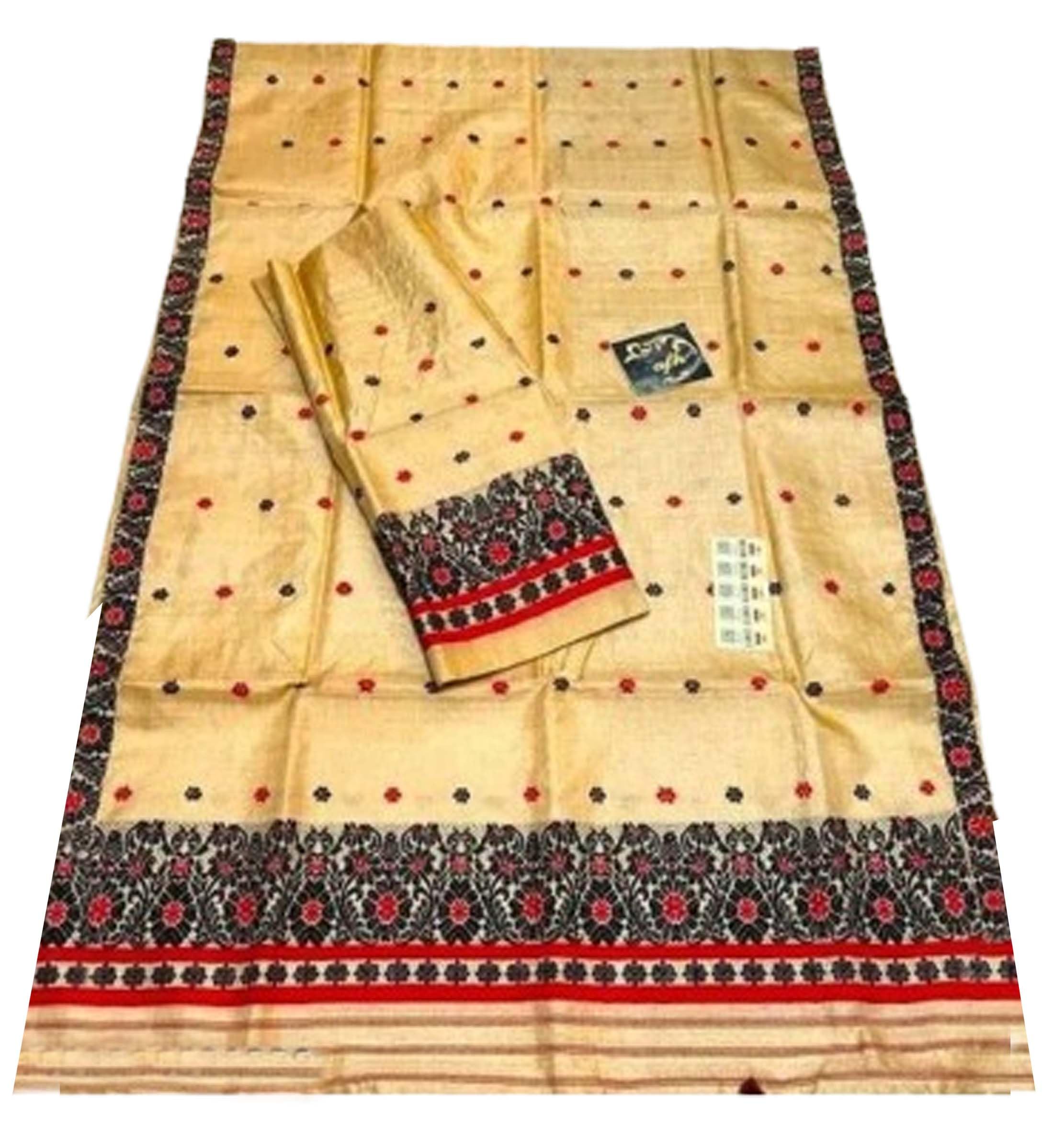 Women`s Assamese Mekhela Sador Paat Santal Panchi Lungi Parhar Fabric of Soft Silk Traditional Design- Off White Buti