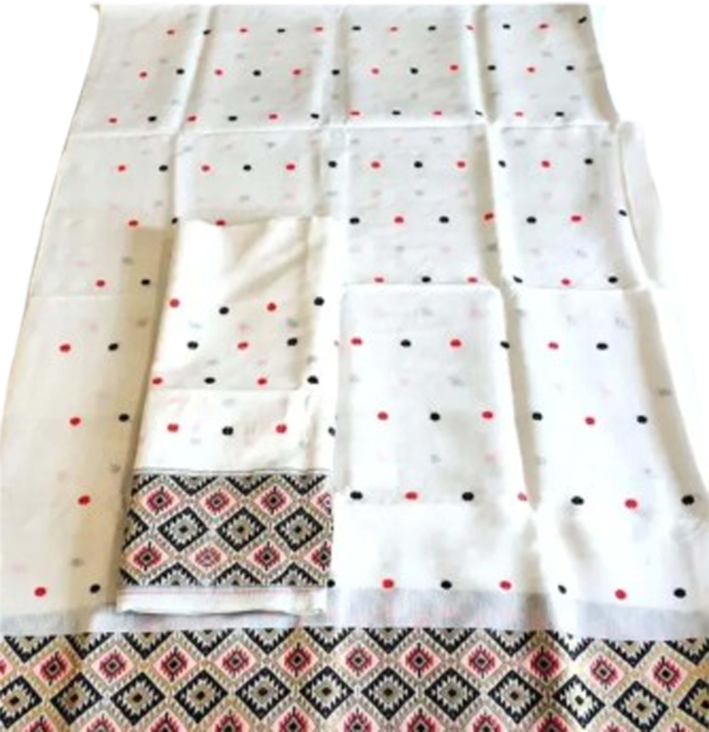 Women`s Assamese Mekhela Cotton Sador Traditional Design- White Triangle Buti