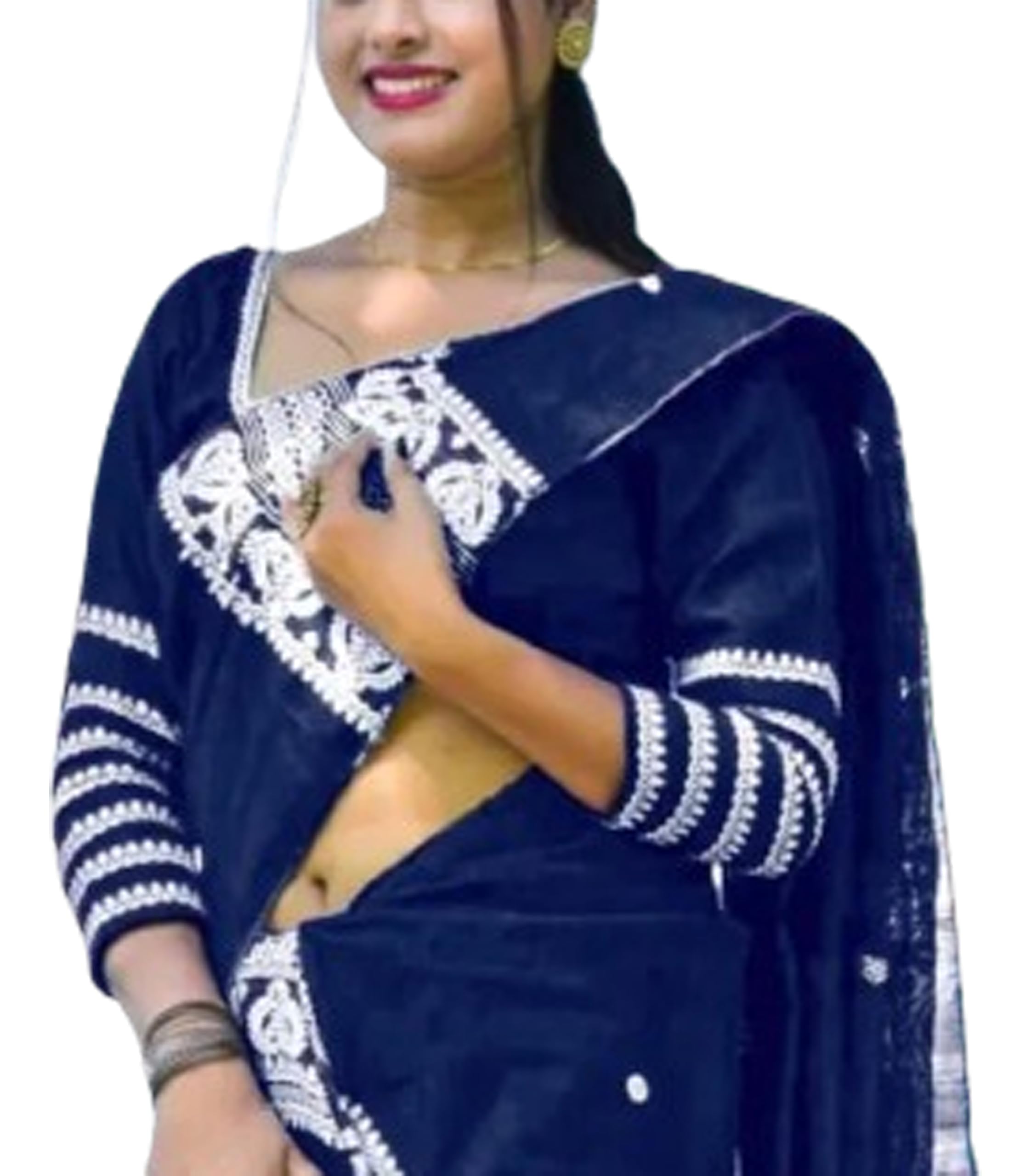 Women`s Bridal Assamese Mekhela Sador Soft Silk Traditional Design- Blue White