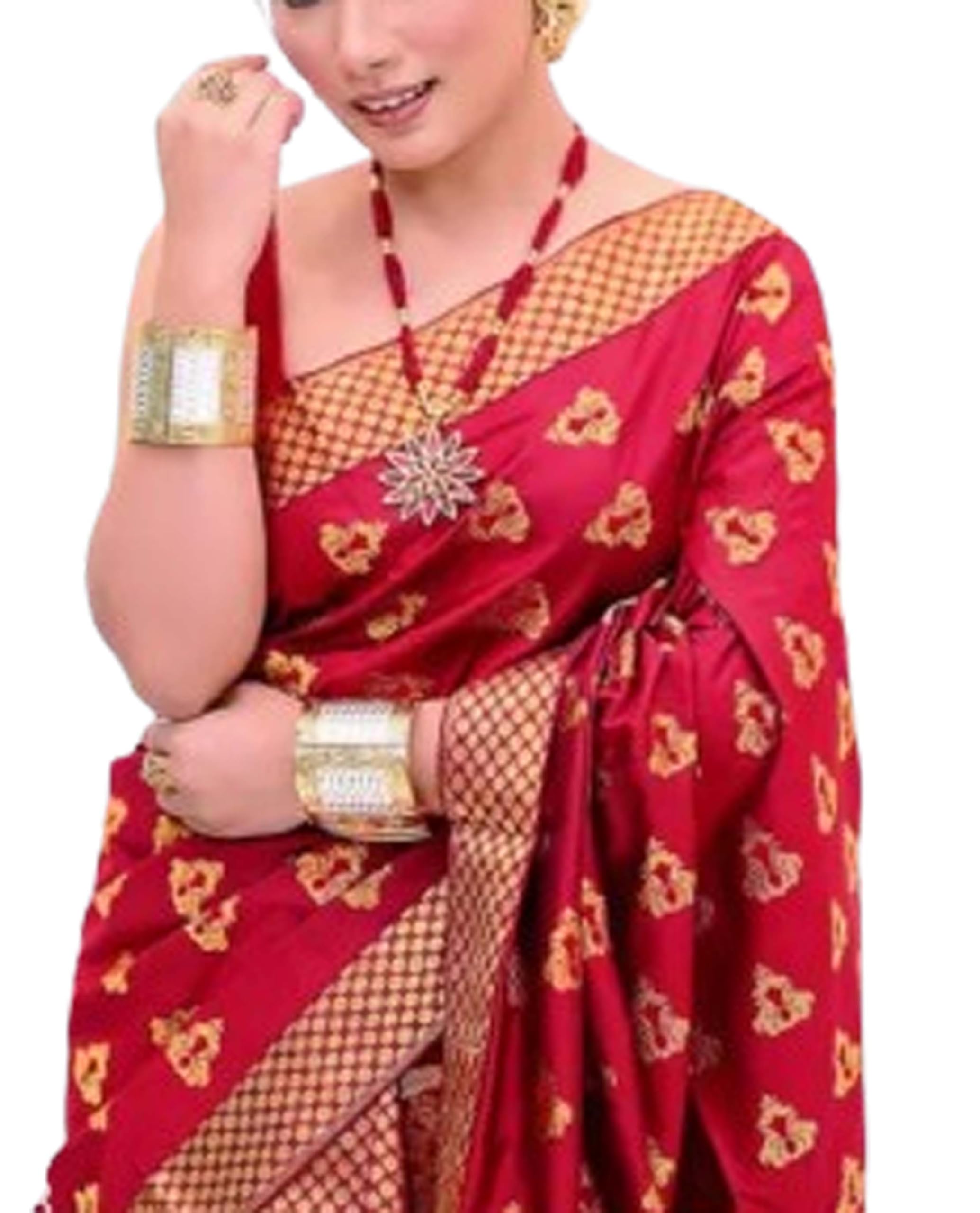 Women`s Bridal Assamese Mekhela Sador Chador Pat Traditional Design-Red Design