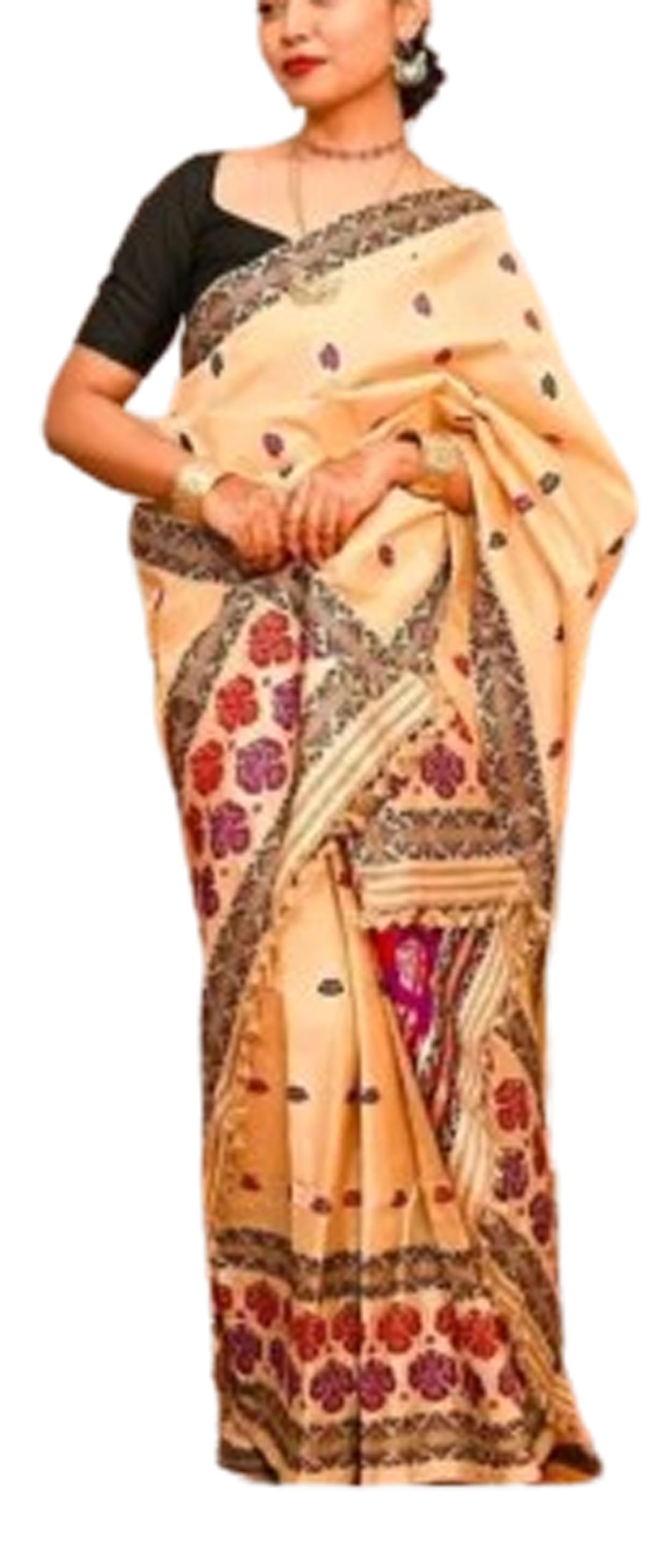 Women`s Assamese Mekhela Sador Chador Pat Traditional Design- Cream Buti