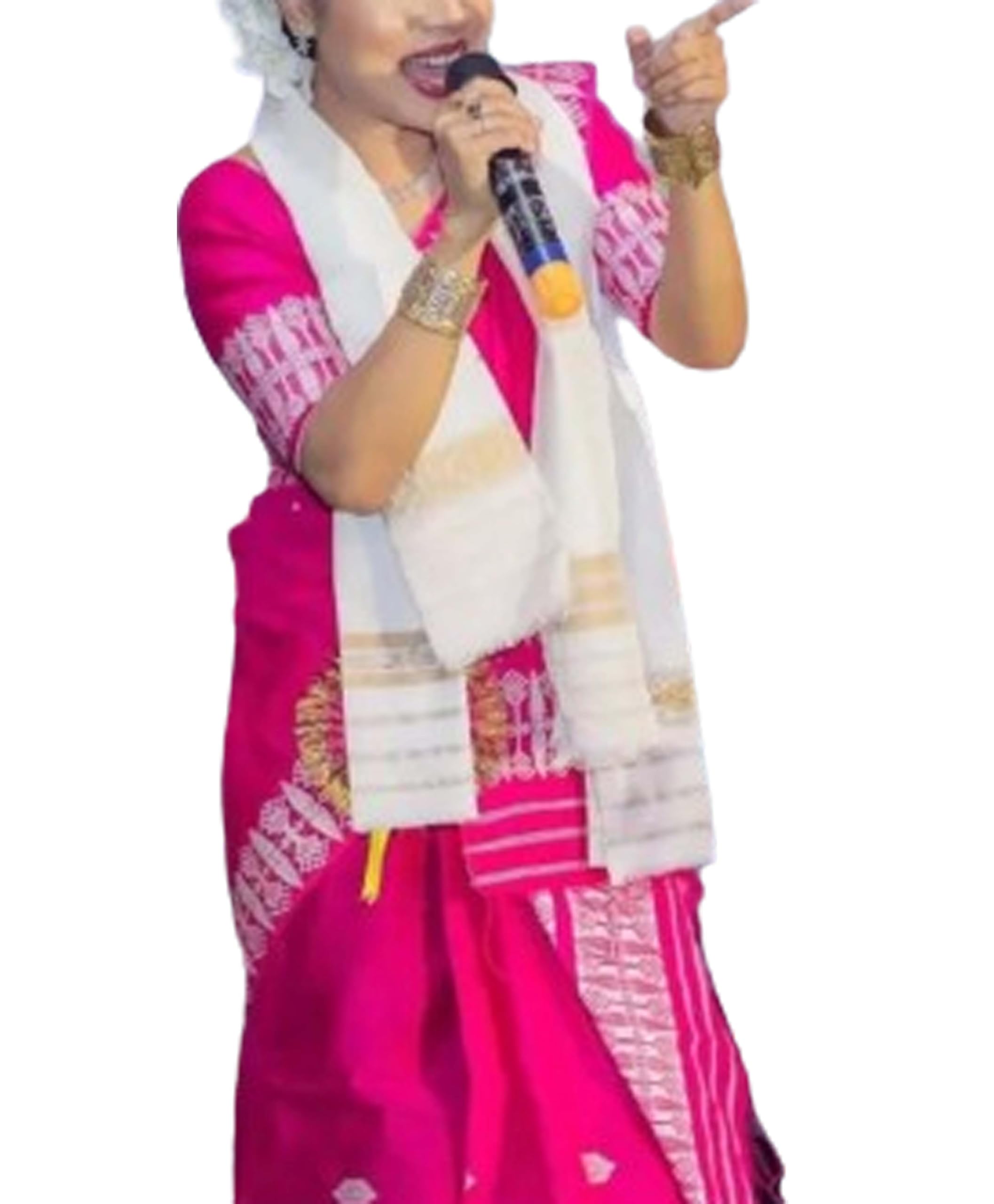 Women`s Assamese Mekhela Sador Paat Santal Panchi Lungi Parhar Fabric of Soft Silk Traditional Design- Pink Buti