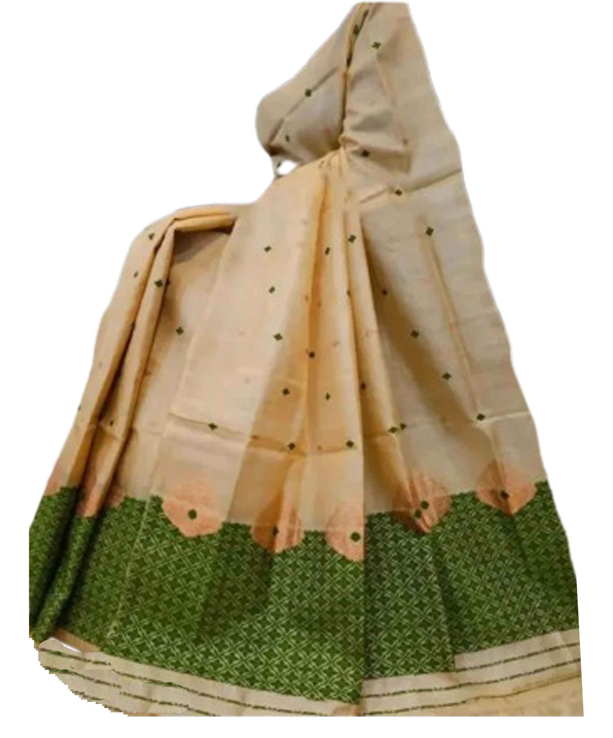 Women`s Assamese Mekhela Sador Traditional Design-Cream Green Buti