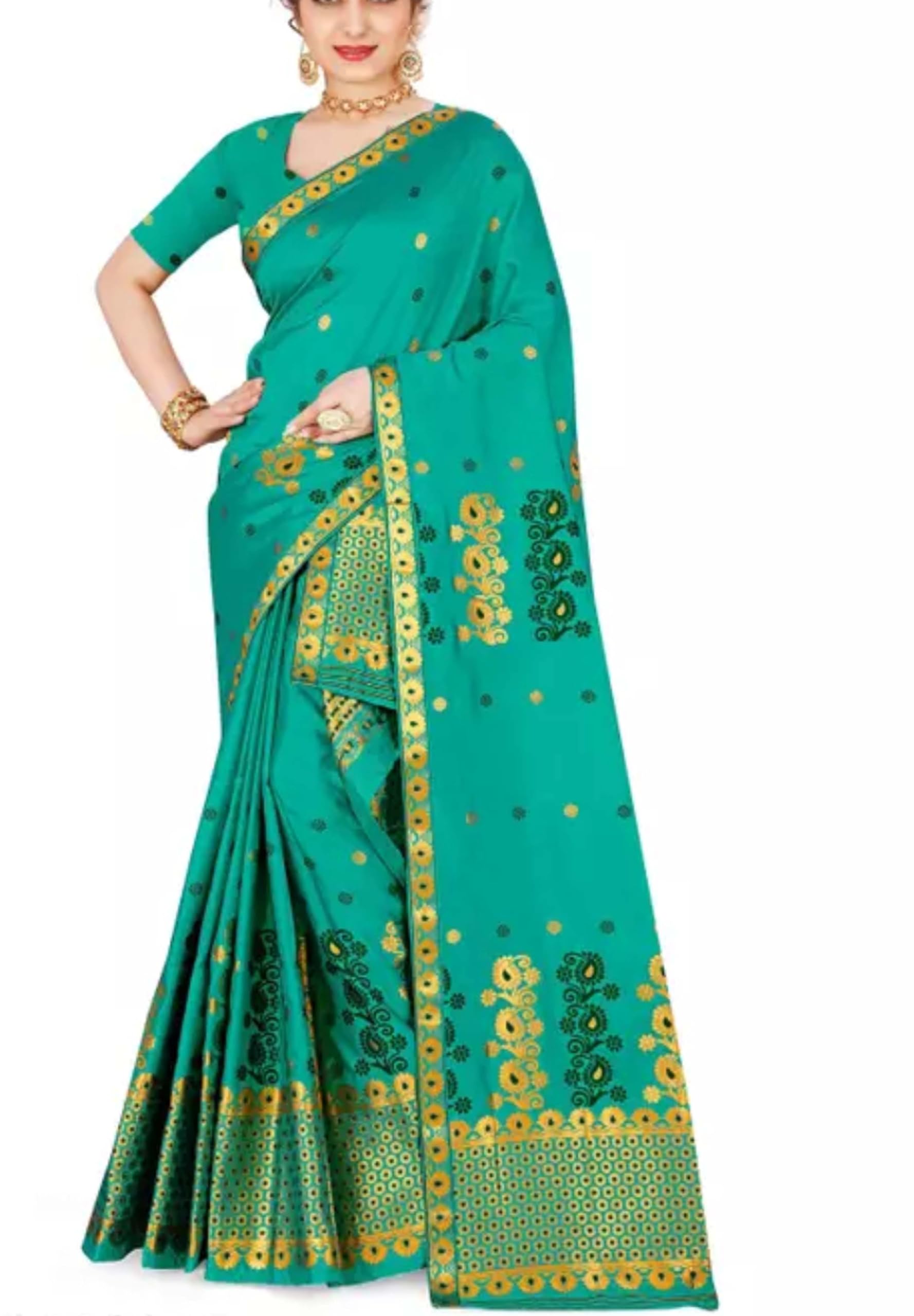 Women`s Assamese Mekhela Sador Traditional Design- Green
