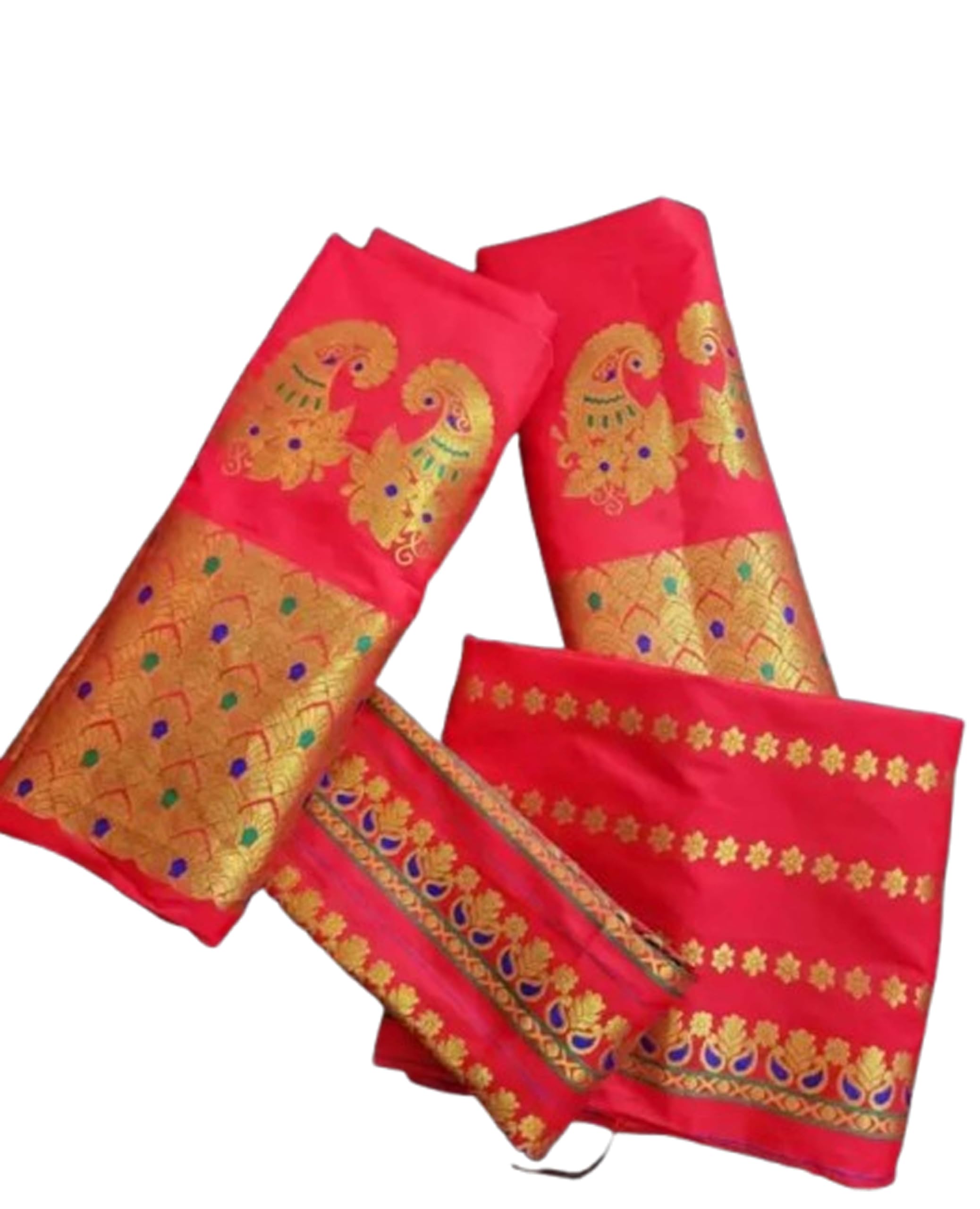 Women`s Assamese Mekhela Sador Traditional Design-Red Gold