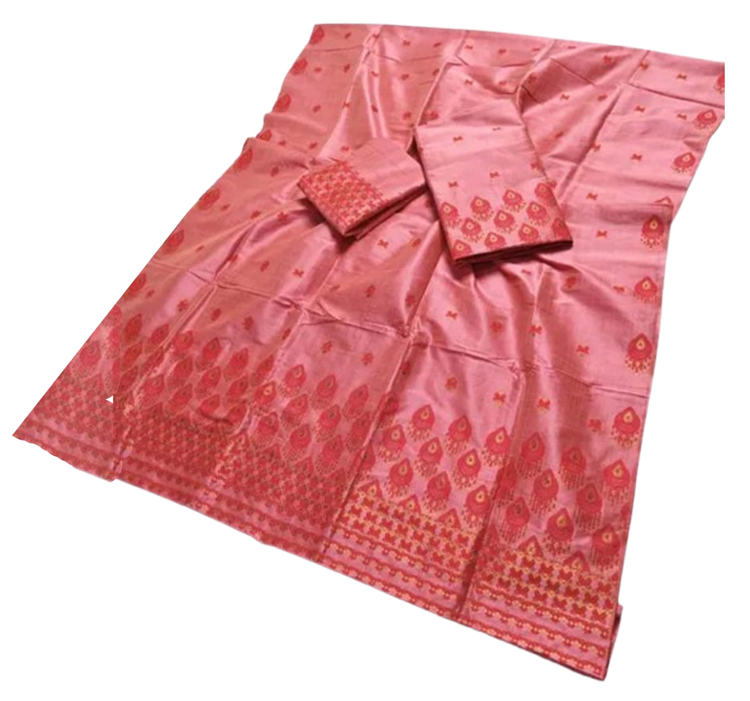 Women`s Assamese Mekhela Sador Paat Santal Panchi Lungi Parhar Fabric of Soft Silk - Pink