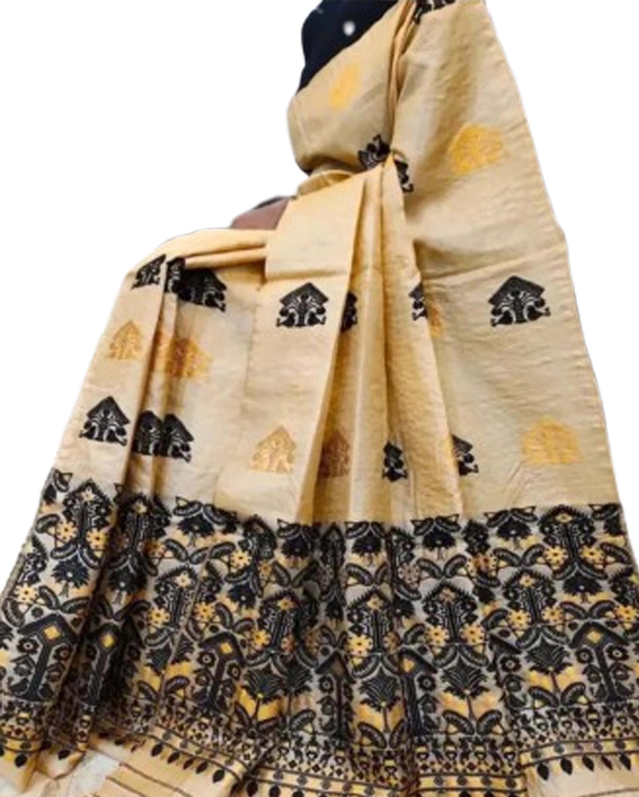 Women`s Assamese Mekhela Sador Jura Santal Parhar Fabric of Soft Silk Traditional Design- Black Beauty