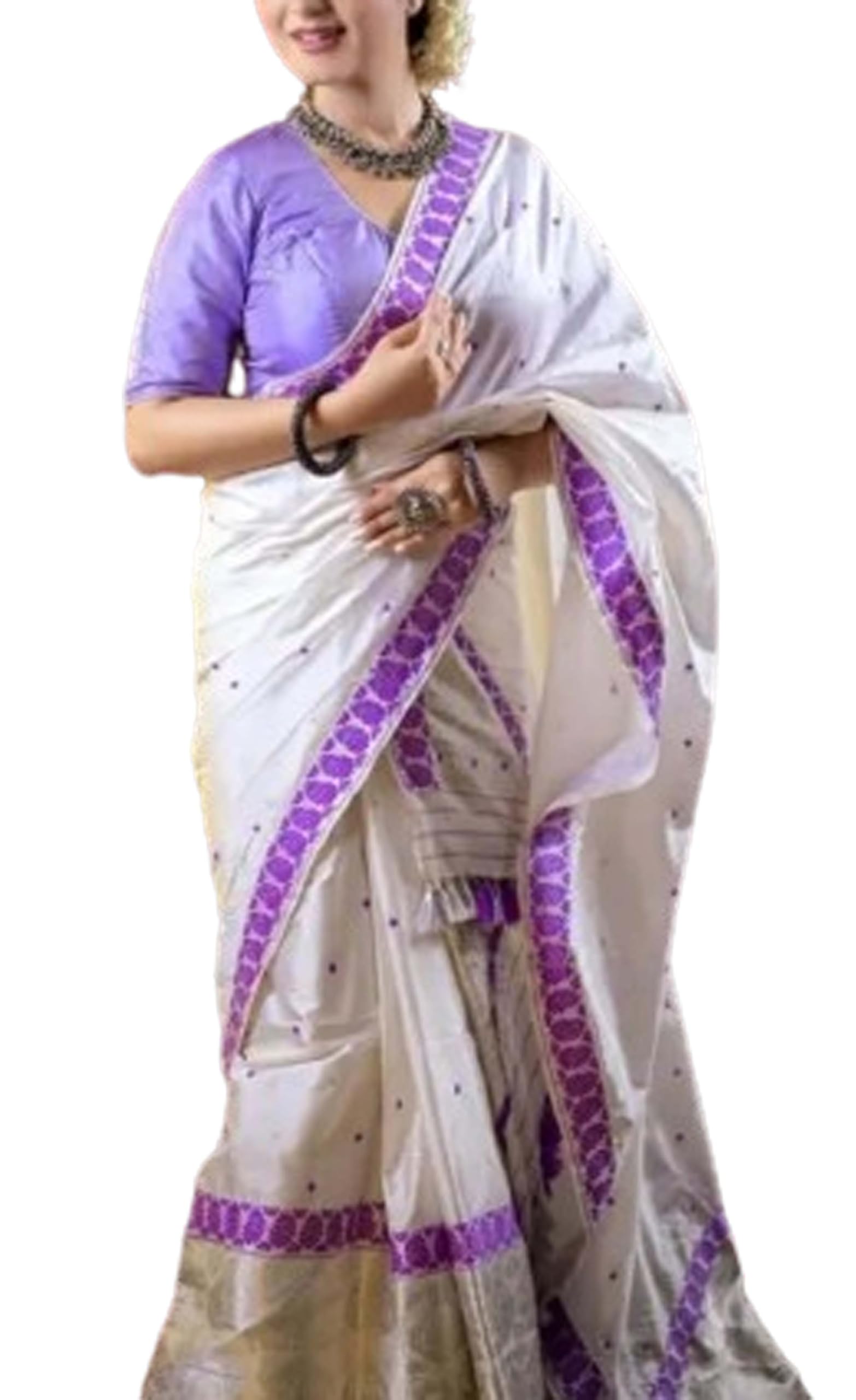 Women`S Bridal Assamese Mekhela Sador  Chador Pat Traditional Design-Whiite Purple