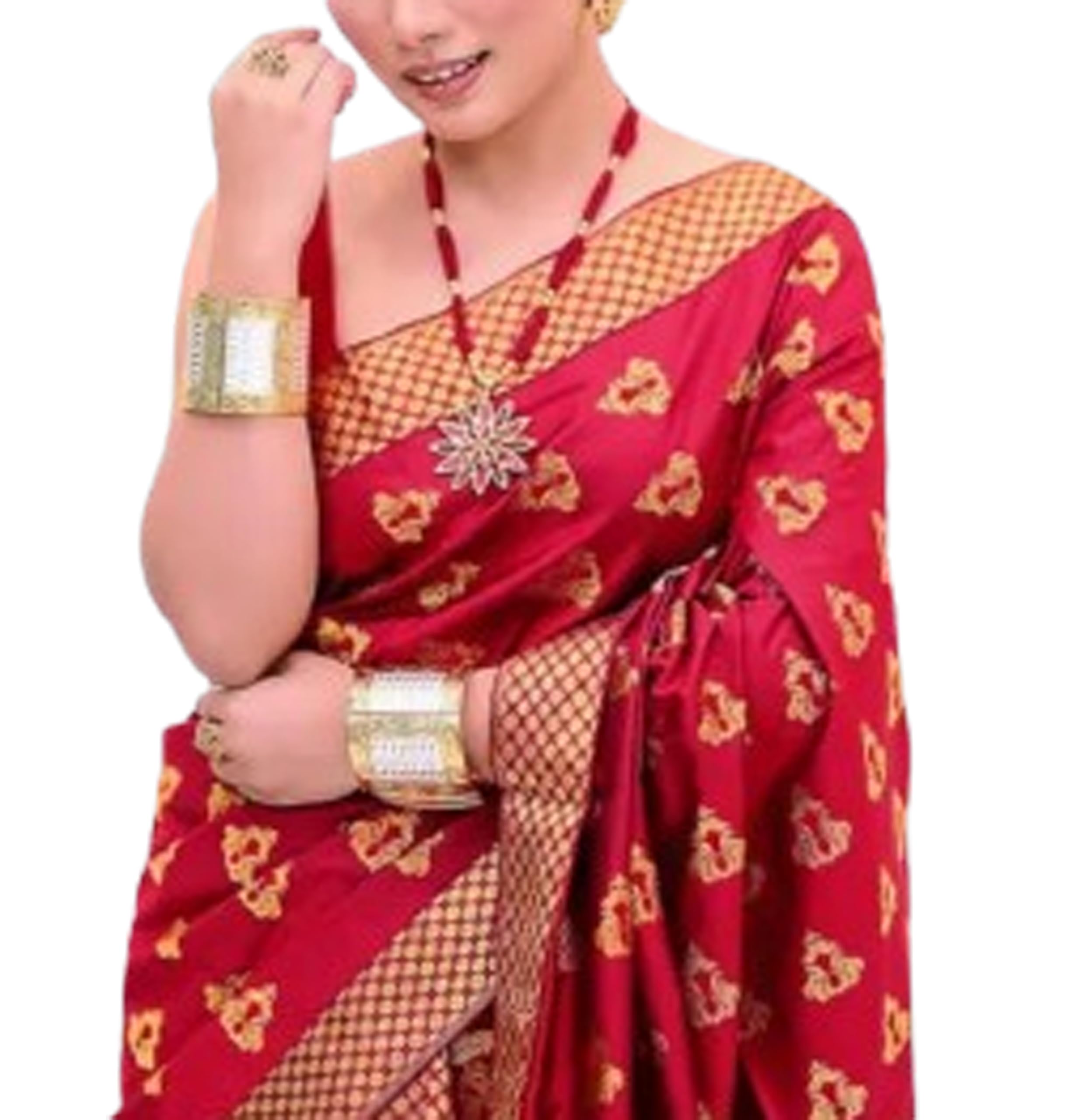 Women`s Assamese Mekhela Sador Paat Santal Panchi Lungi Parhar Fabric of Soft Silk - Red Buti