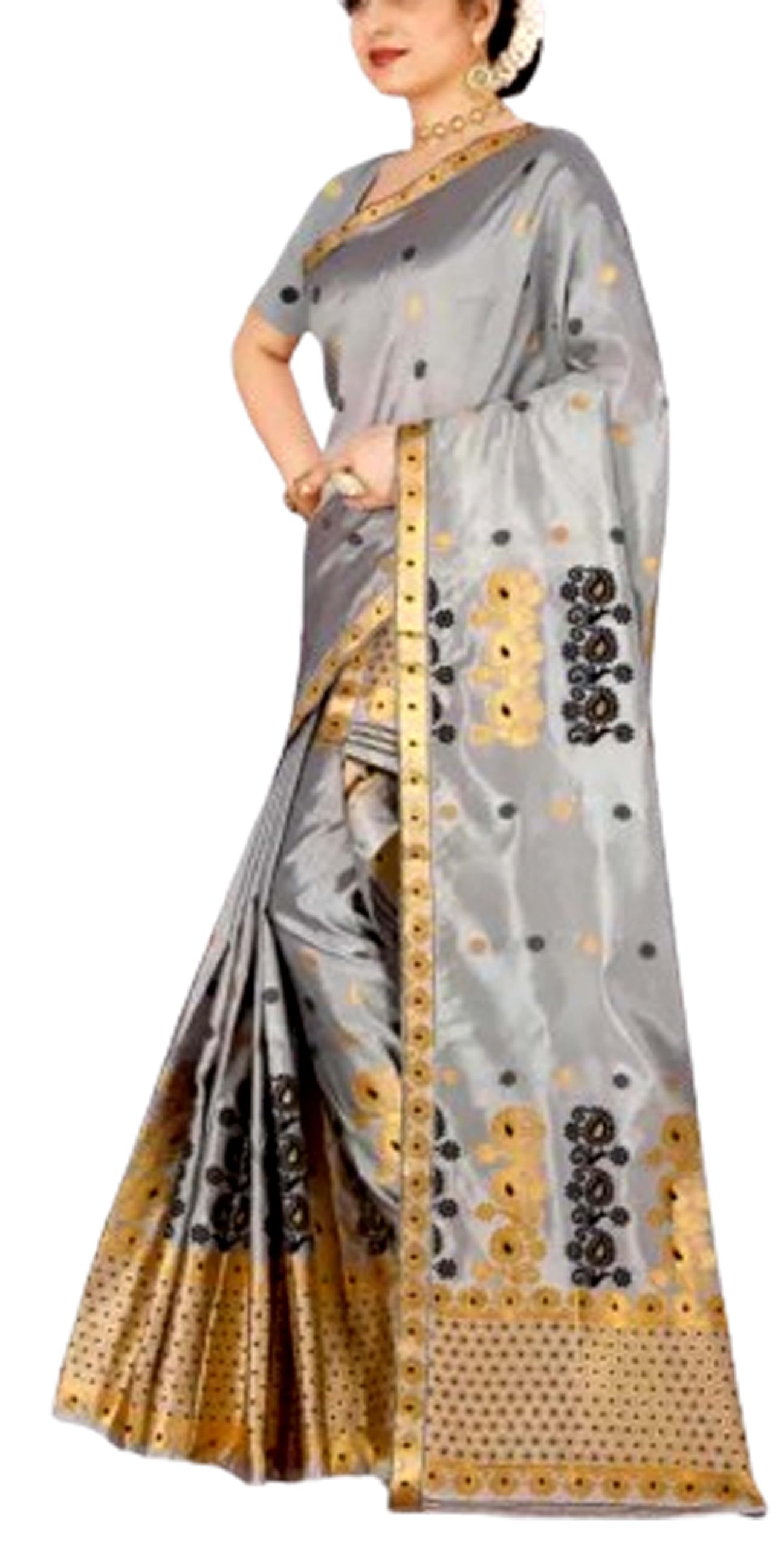 Women`s Assamese Mekhela Sador Fabric of Soft Silk Traditional Design- Gray Gold