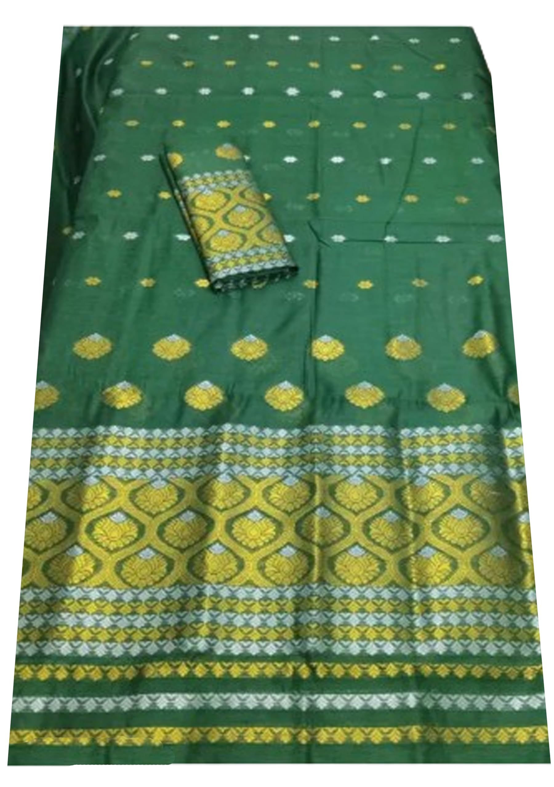 Women`s Assamese Mekhela Sador Traditional Design- Forest Green