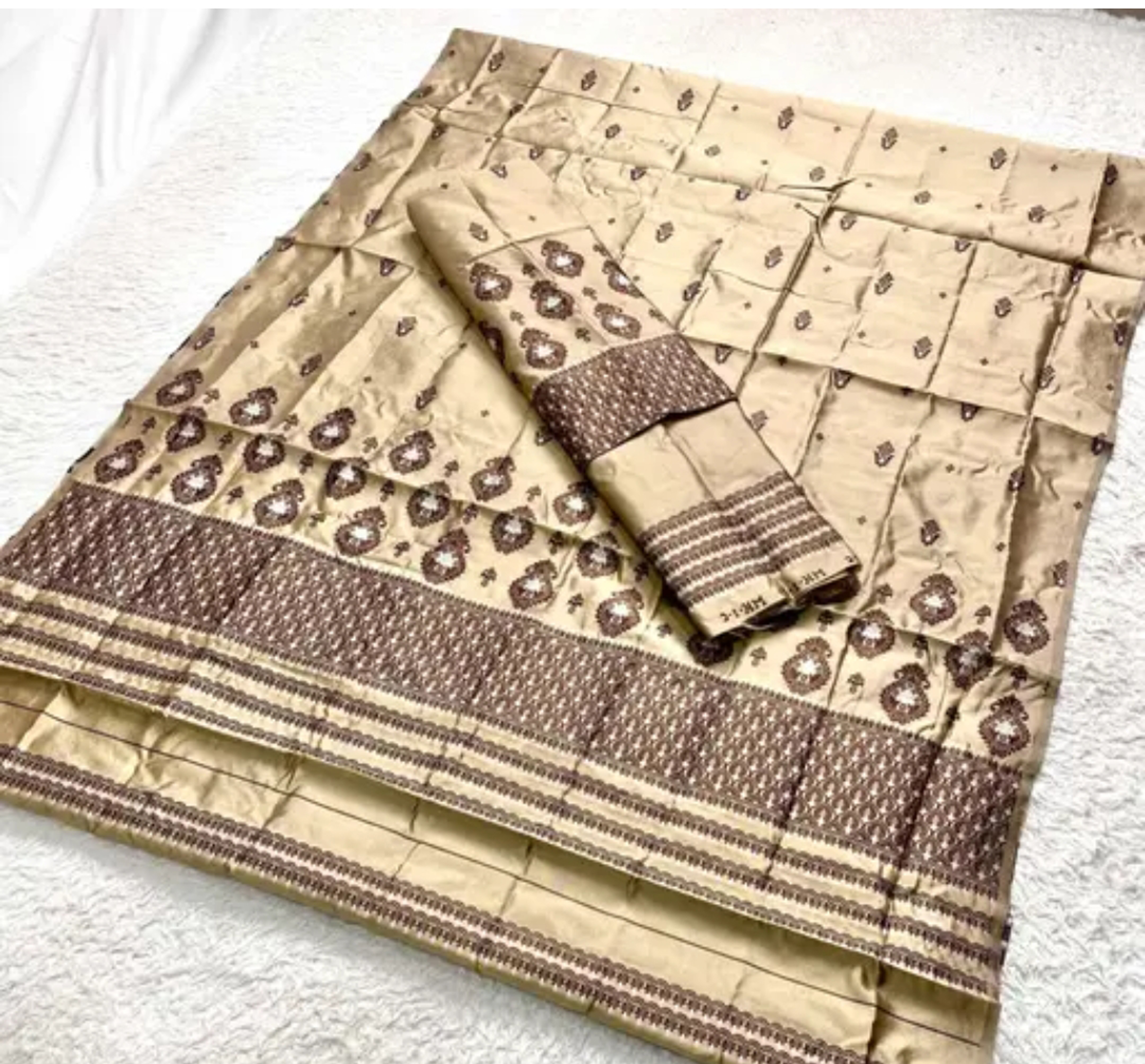 Traditional Assamese Mekhela Sador Pure Fabric Soft Silk Traditional Design - Cream Brown