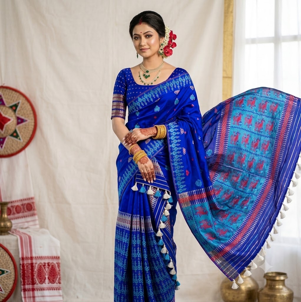 Bridal Cream Green Assamese Mekhela Sador Handcrafted Chador -Blue