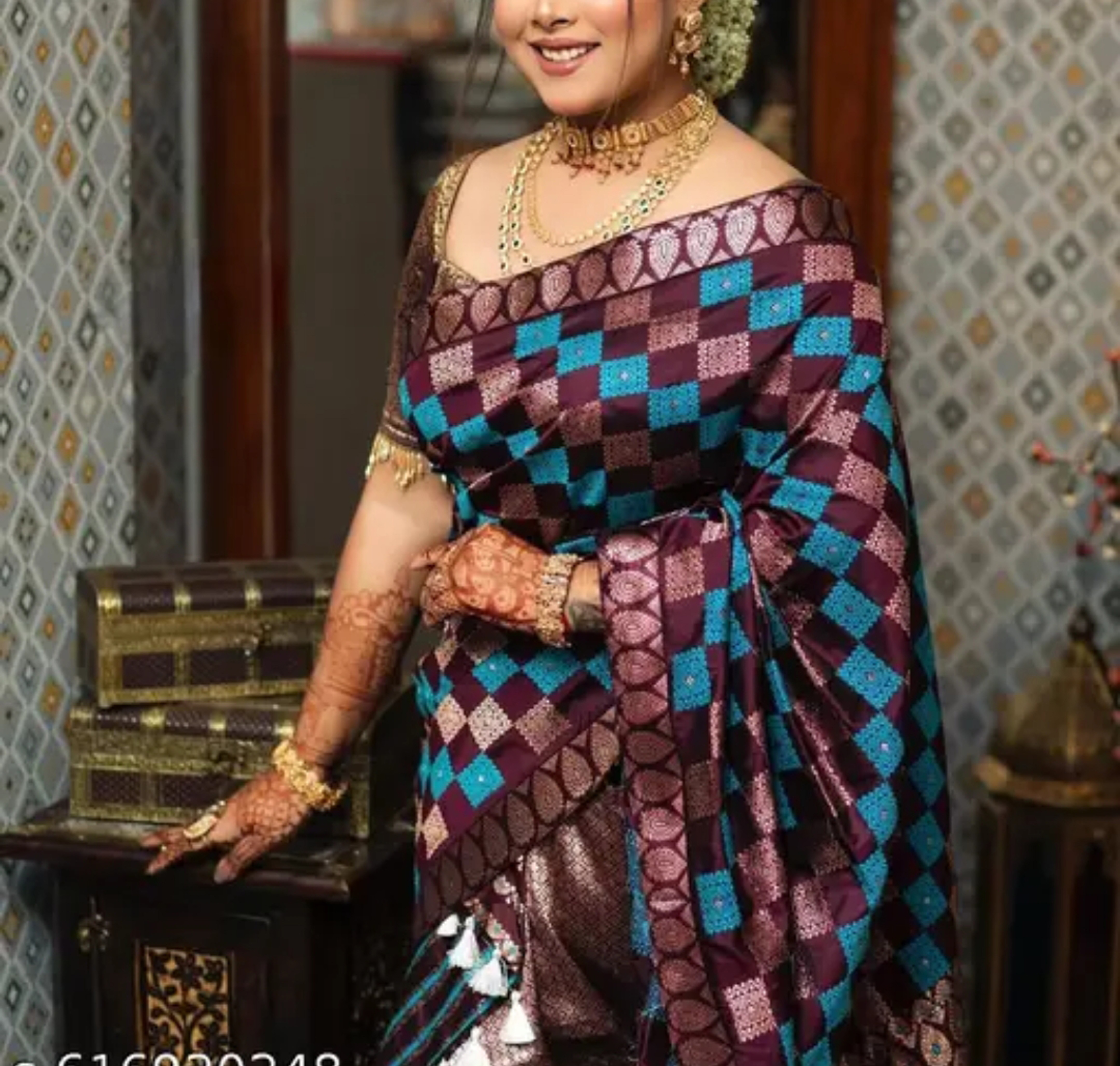 Assamese Mekhela Checkered Chess Design Embroidery Sador Chador