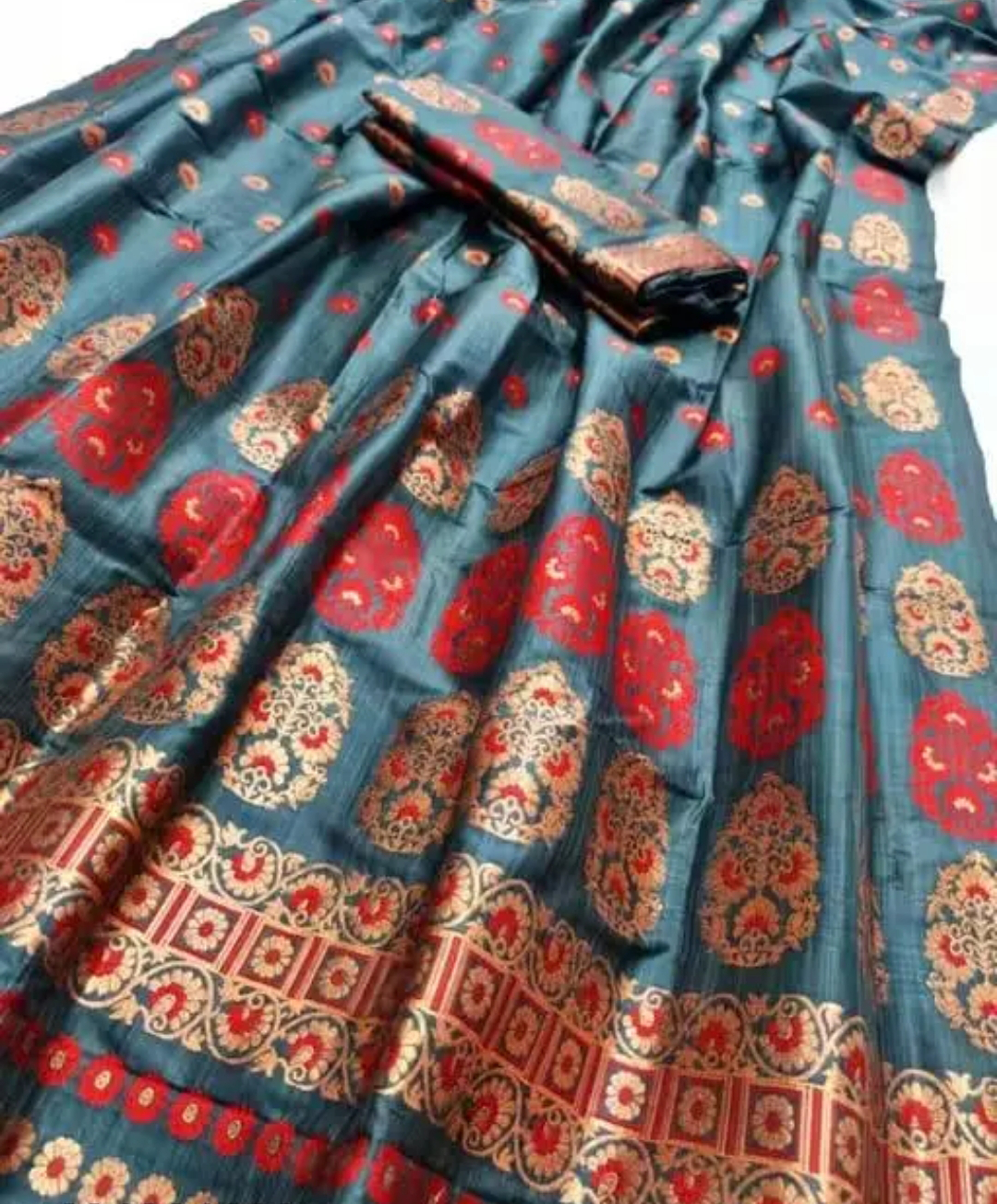 Bridal Cream Green Assamese Mekhela Sador Handcrafted Chador - Grey Gold