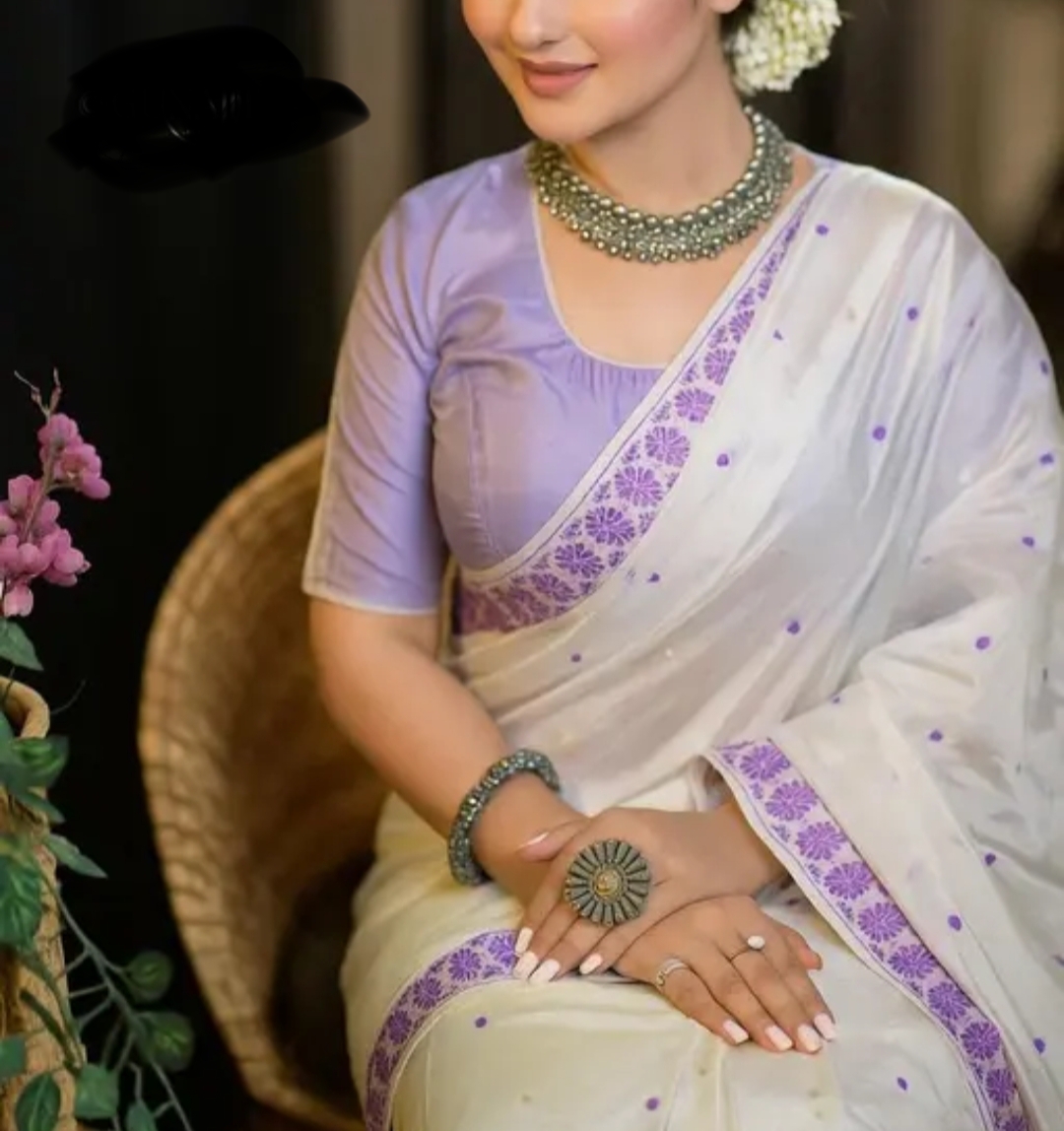 Women`S Bridal Assamese Mekhela Sador Jura Santal Panchi Parhar Saree Pure Fabric Soft Silk Traditional Design-Whiite Purple