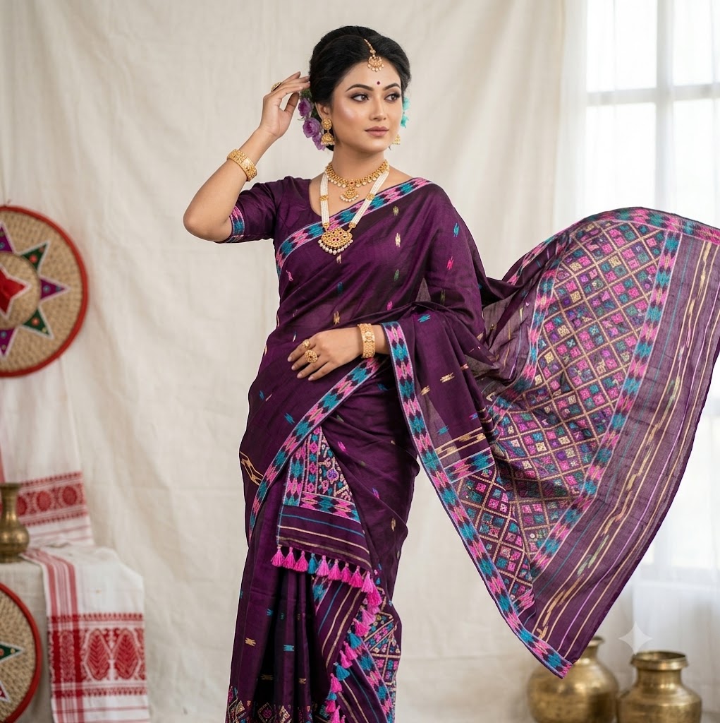 Bridal Cream Green Assamese Mekhela Sador Handcrafted Chador - Purple