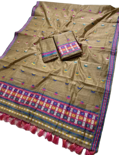 Jute Bridal Assamese Mekhela Wedding Sador Chador Traditional Embroidered Silk Saree 