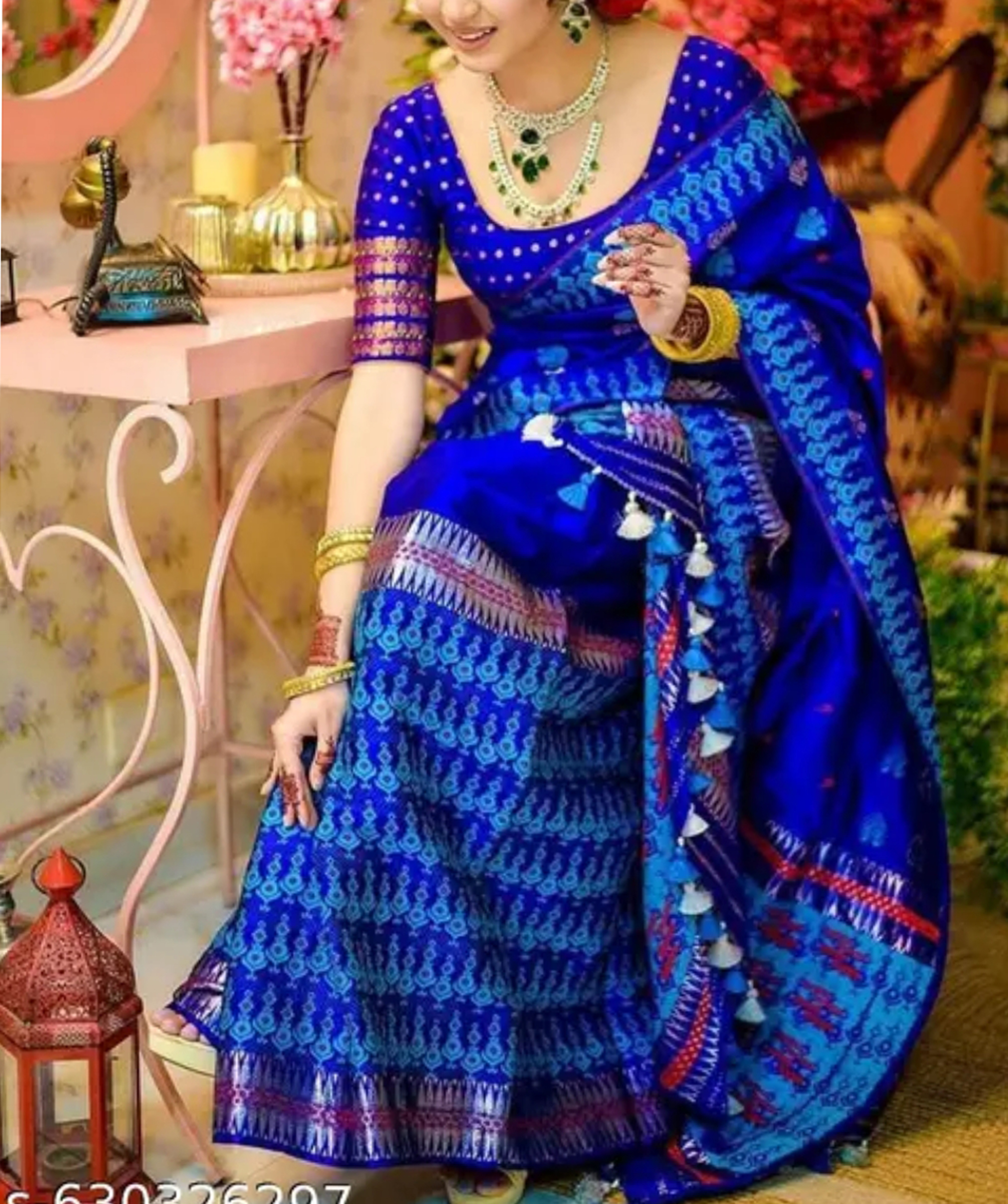 Bridal Cream Green Assamese Mekhela Sador Handcrafted Chador -Blue