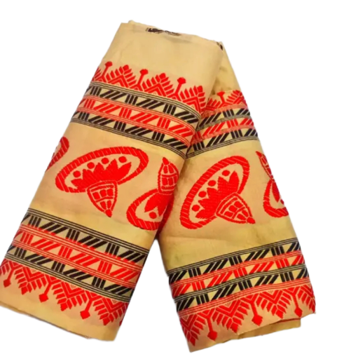 Assamese Mekhela Sador Chador Traditional Jhapi Design - Cream Red