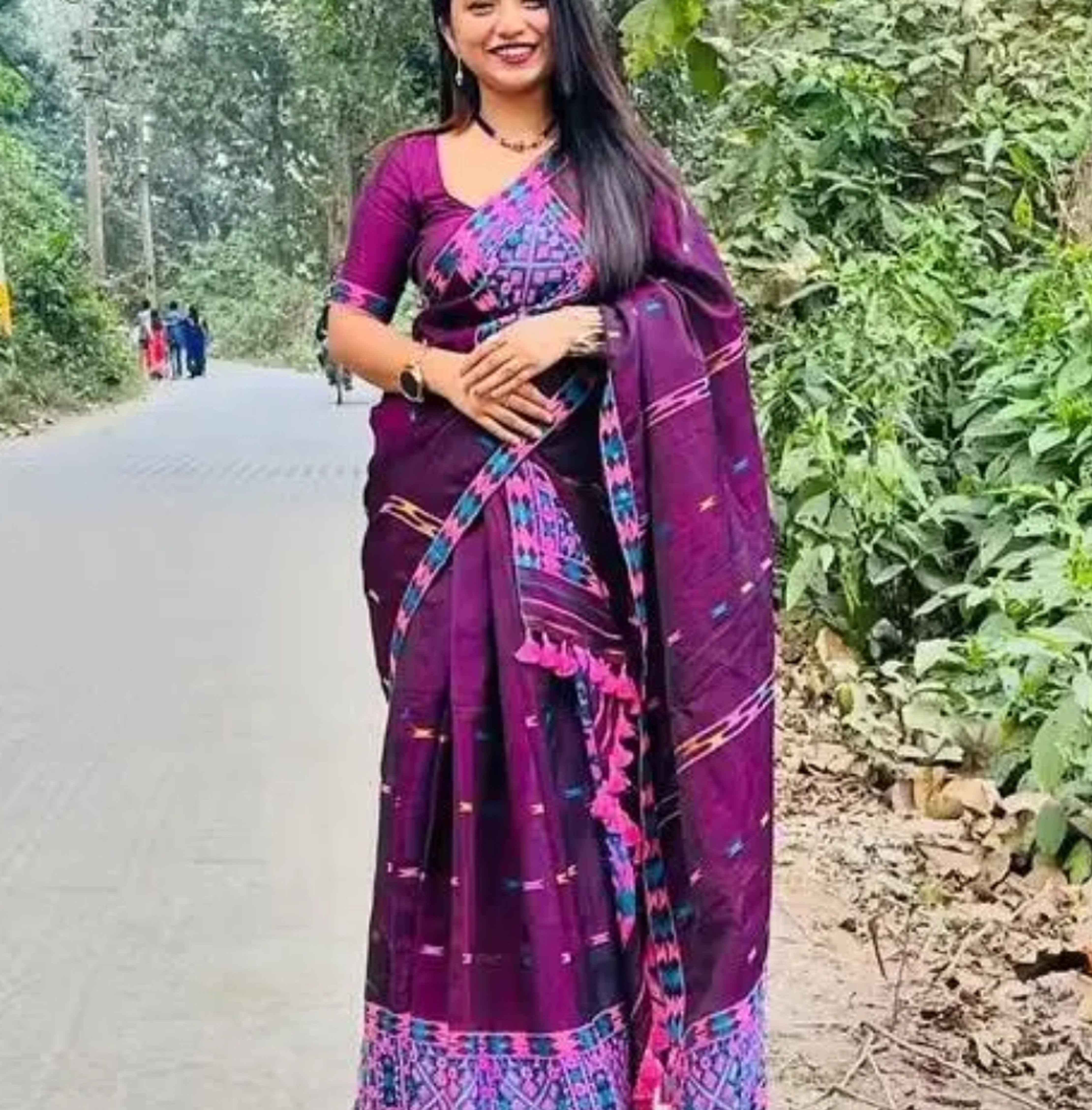 Bridal Cream Green Assamese Mekhela Sador Handcrafted Chador - Purple