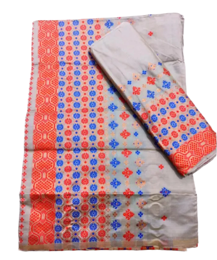 Women`s Bridal Wedding Assamese Mekhela Sador - Silver Red