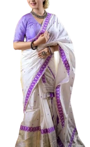 Women`S Bridal Assamese Mekhela Sador Jura Santal Panchi Parhar Saree Pure Fabric Soft Silk Traditional Design-Whiite Purple