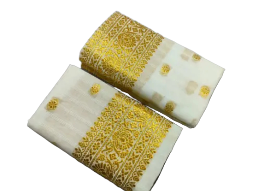 Women`s Assamese Mekhela Sador Paat Santal Panchi Lungi Parhar Fabric of Soft Silk Traditional Design- White Gold