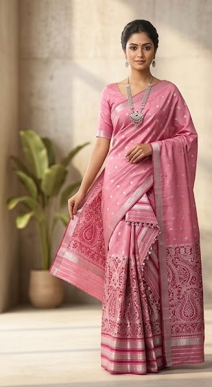 Bridal Cream Green Assamese Mekhela Sador Handcrafted Chador - Pink