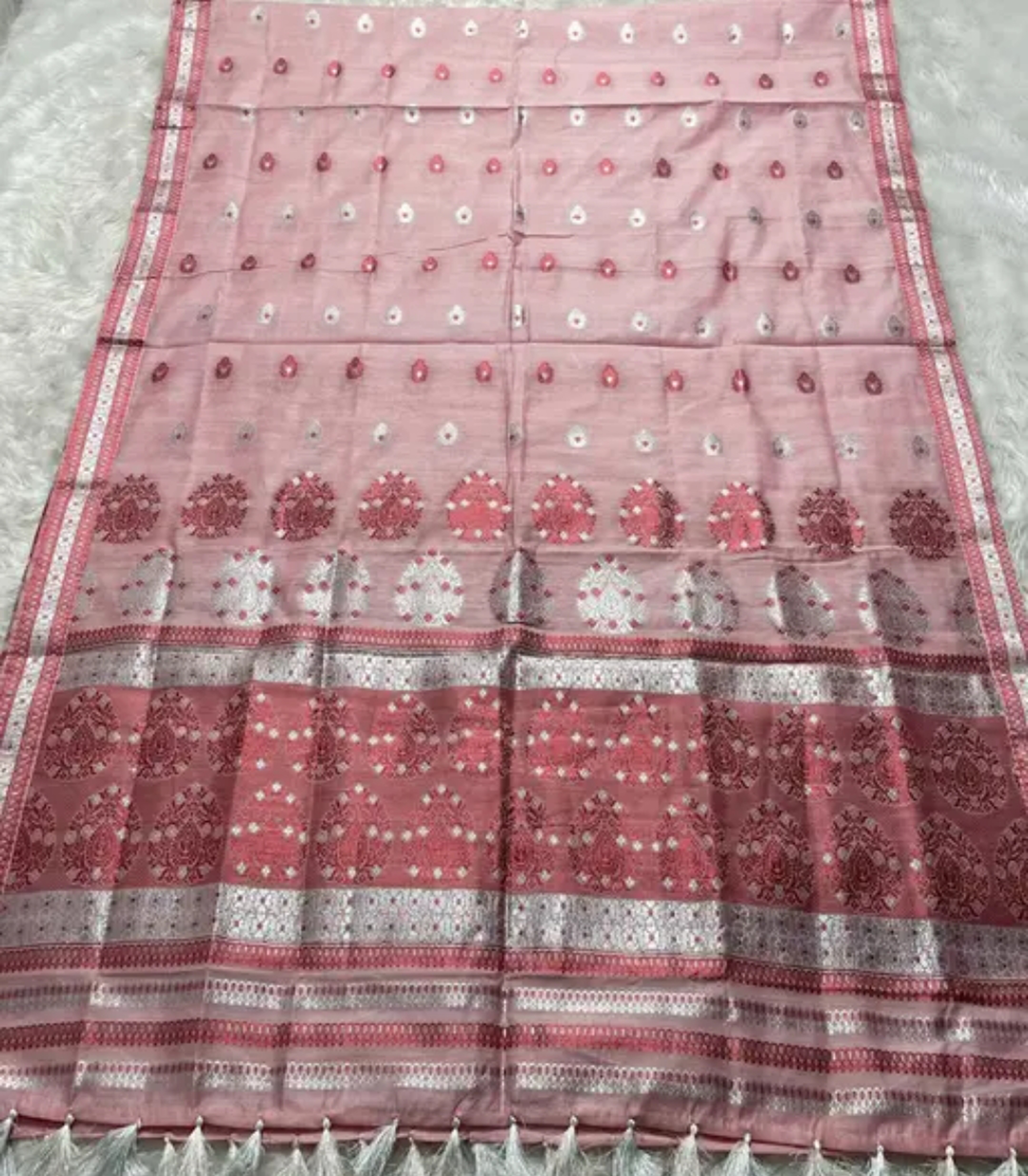 Bridal Cream Green Assamese Mekhela Sador Handcrafted Chador - Pink