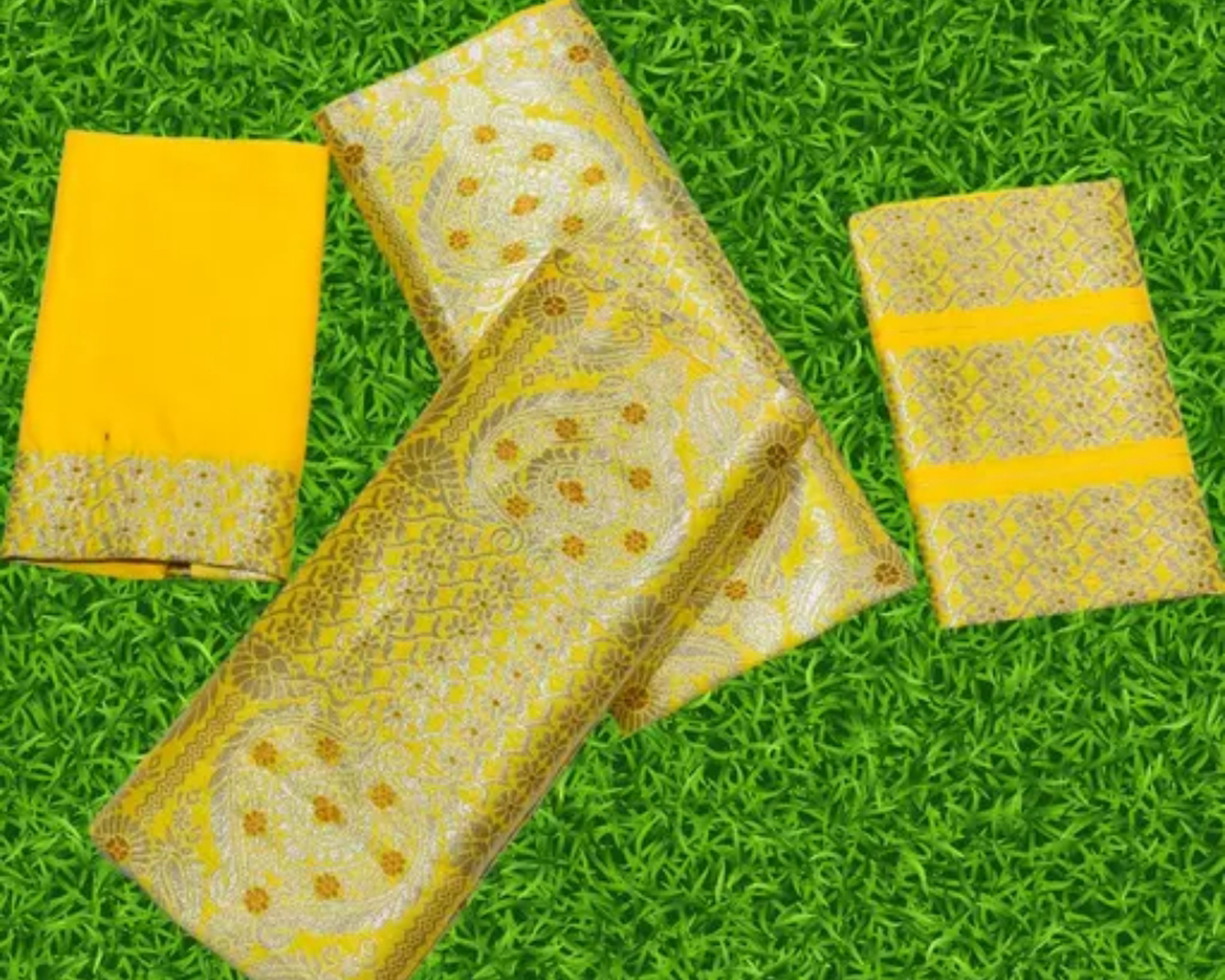 Women`s Assamese Mekhela Sador Paat Santal Panchi Lungi Parhar Fabric of Soft Silk Traditional Design- Tussar Gold