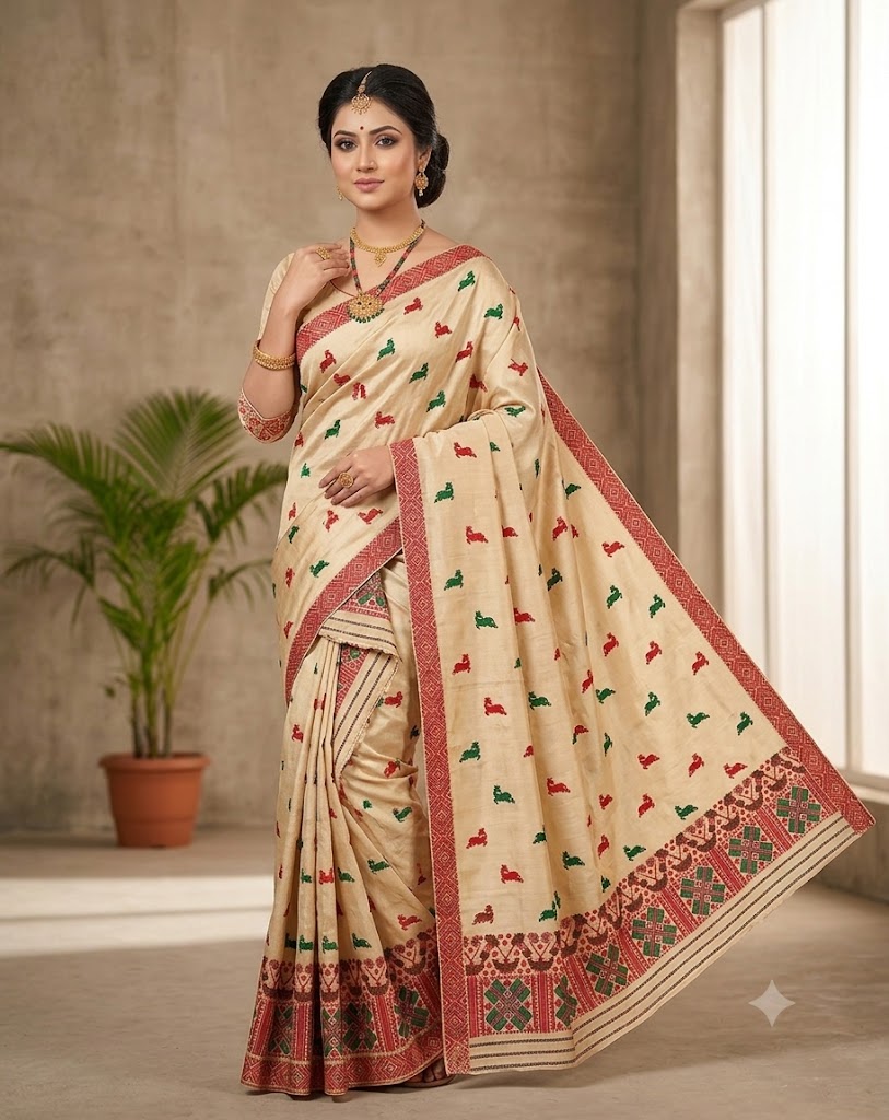Bridal Cream Green Assamese Mekhela Sador Handcrafted Chador - Cream Red